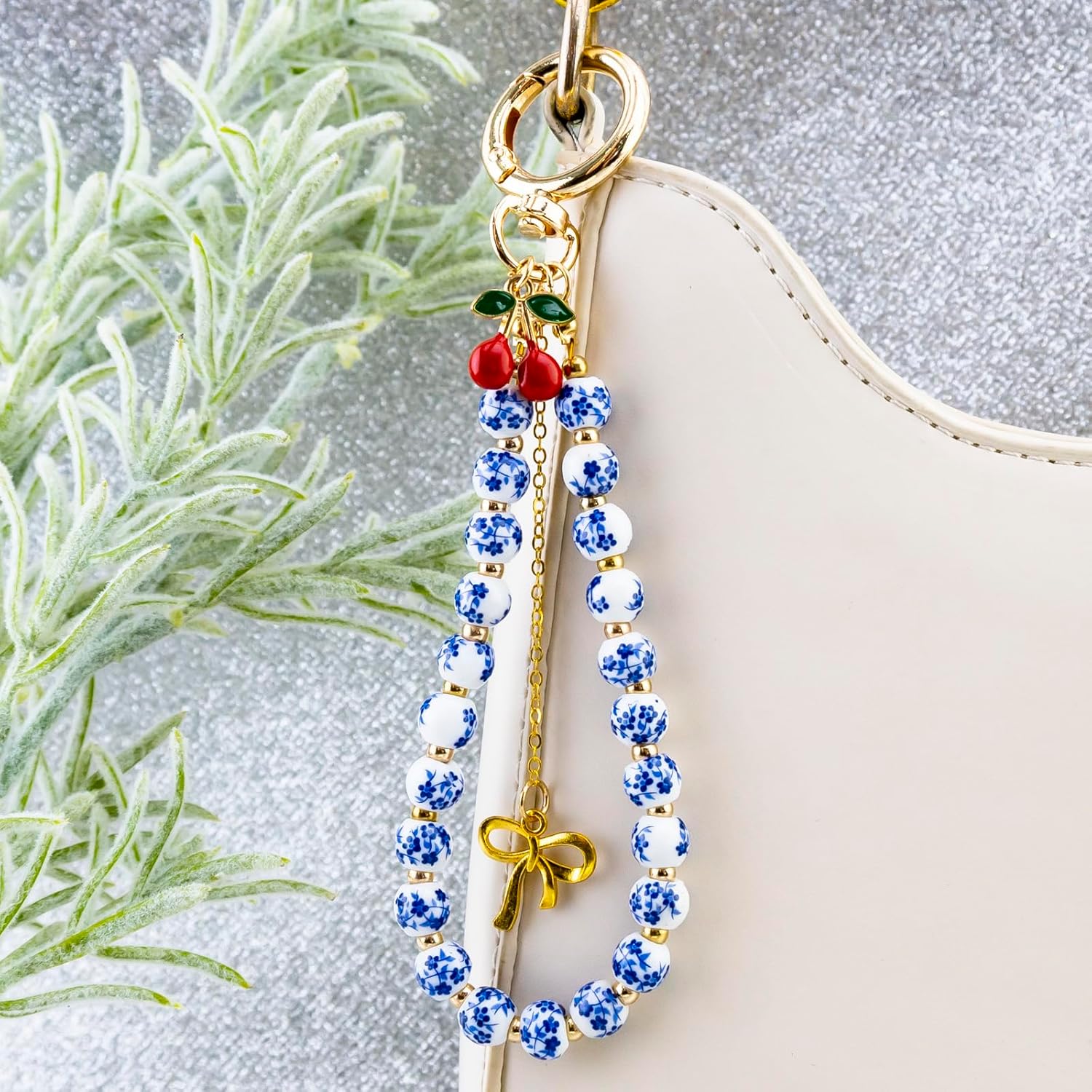 Cherry Keychain Ideas Vintage Beaded Keychain Wristlet for Women Cute Key Ring Bracelet Cherry Bag Charm for Tote Bags Bow Purse Car Key Accessories Charms - Image 2