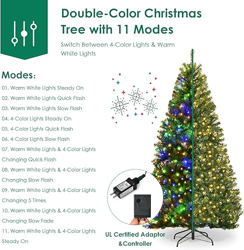 Miniatura 2 de Goplus Árbol de Navidad artificial preiluminado de 6 pies, árbol completo de Navidad de abeto con bisagras con 350 luces LED multicolor, 11 modos de