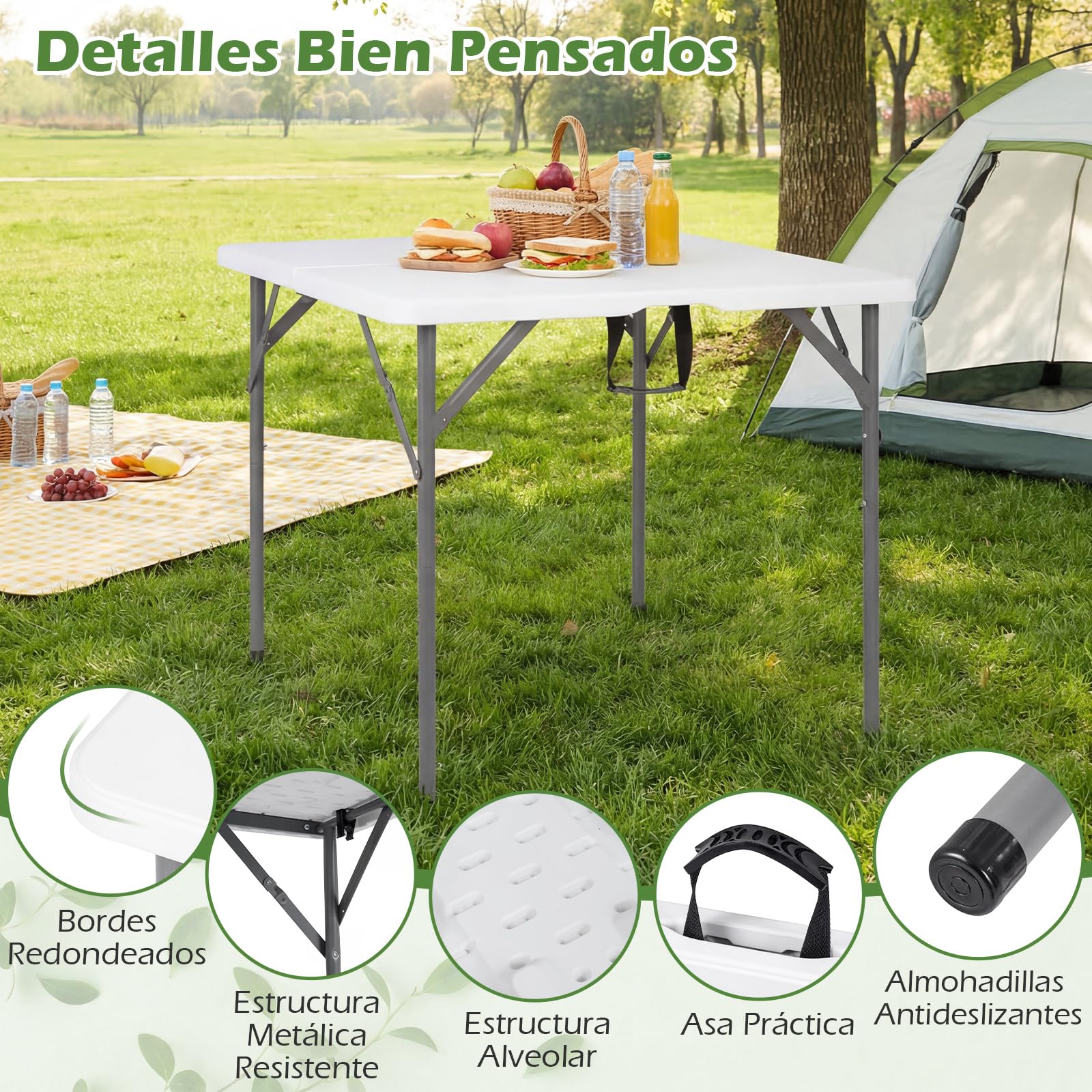 COSTWAY Mesa Plegable Picnic, 86 x 85,5 x 75 cm, Cuadrada | Mesa Camping Portátil de HDPE, Asa de Transporte, Fácil de Montaje, Interior Exterior Jardín Terraza Playa Cocina, Blanco