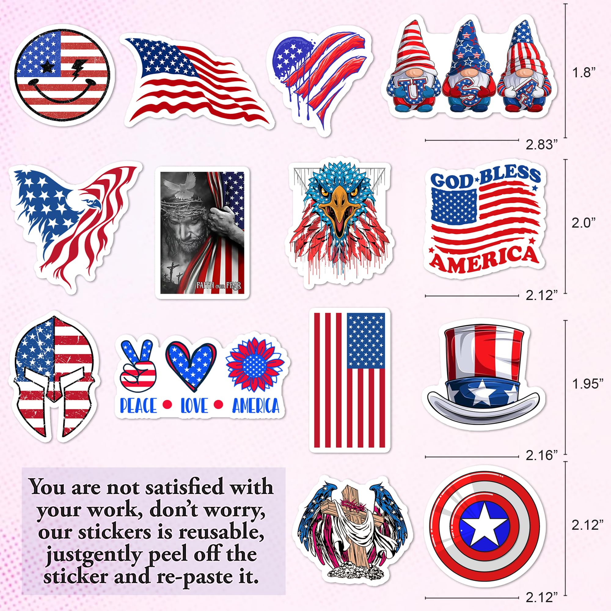 BEATRI Adesivo 4 luglio USA 50 pezzi adesivi patriottici americani in vinile impermeabile per bottiglie d'acqua decalcomanie per laptop adesivi decorazione laptop, skateboard