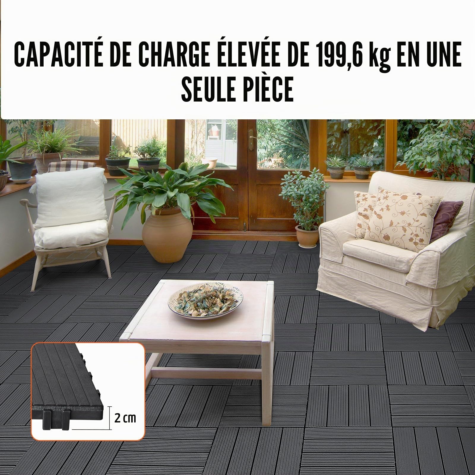 VEVOR Dalles de Terrasse Emboîtables, Lot de 54, Revêtement de Sol Plastique Imperméable, 300 x 300 mm, 50166 c㎡, Utilisation par Tous les Temps, pour Porche, Piscine, Balcon, Arrière-cour, Gris Foncé