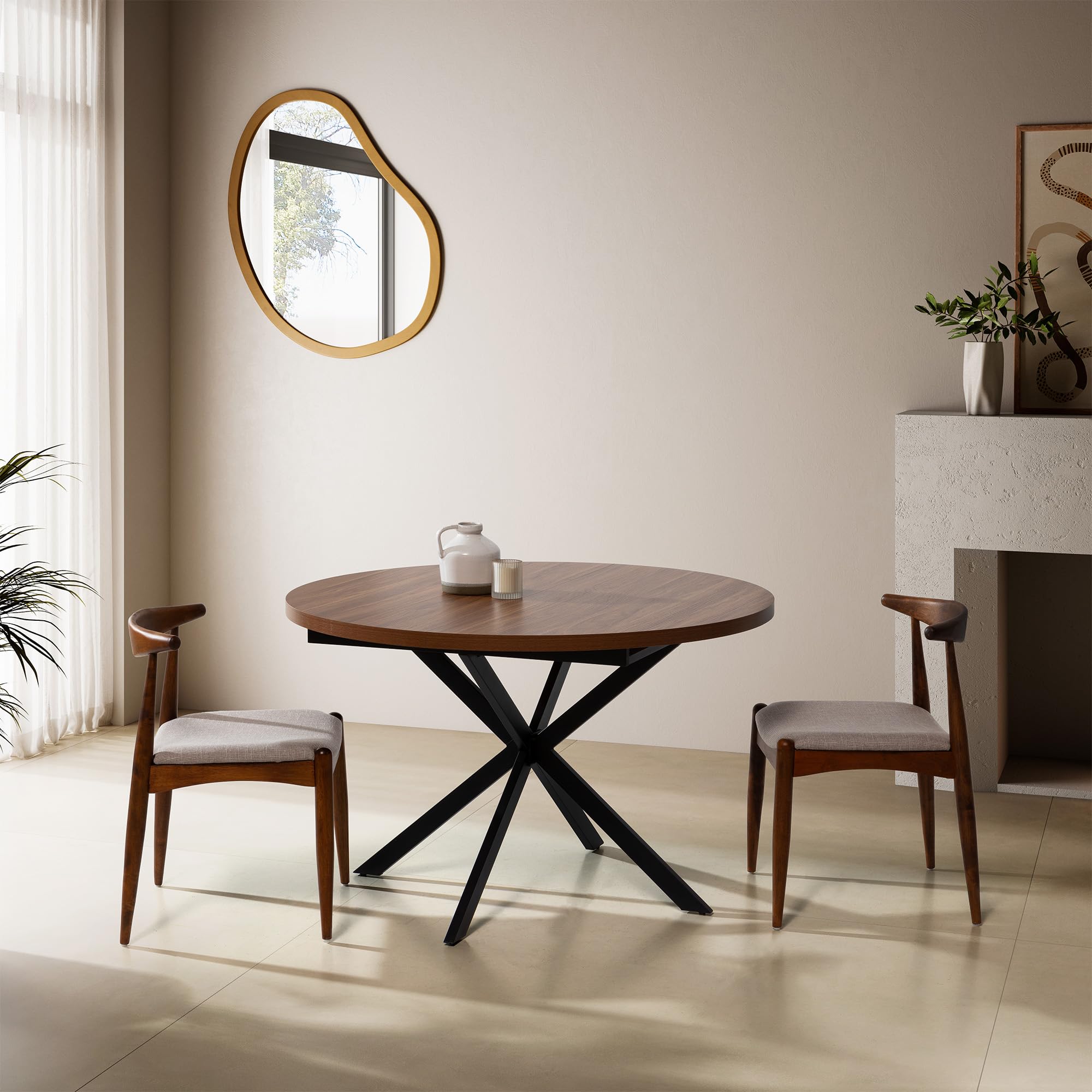 HOMN LIVING Mesa de Comedor Redonda Extensible Murano Color Nogal, 120-160 cm (Largo) 120 cm (Profundidad) 75 cm (Altura)