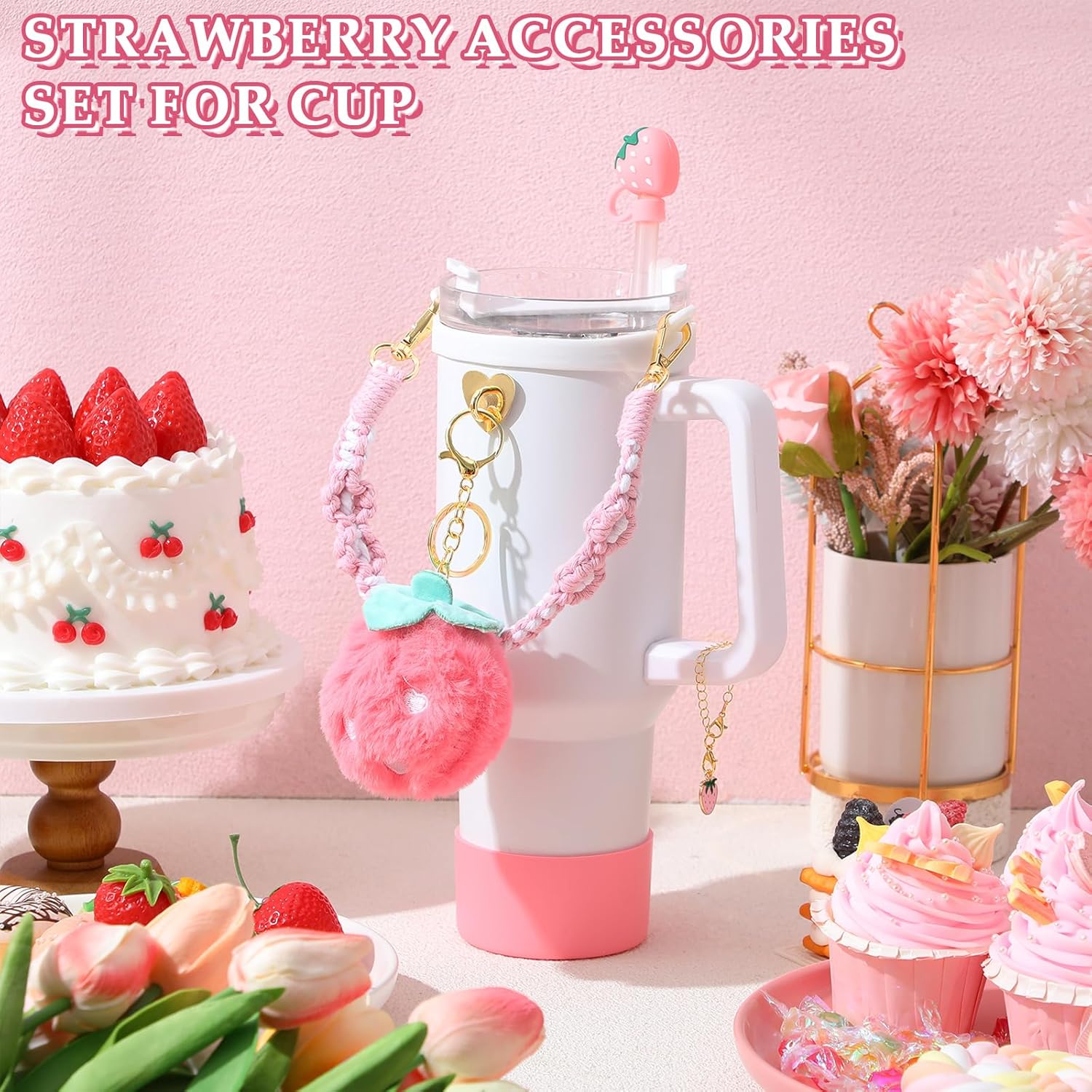 Domensi 6 Pcs Pink Strawberry Accessories Set Compatible with Stanley Cup, Pink Water Bottle Handle Strap Tumbler Silicone Straw Cover Charm Strawberry Plush Keychain Gift Decoration - Image 4