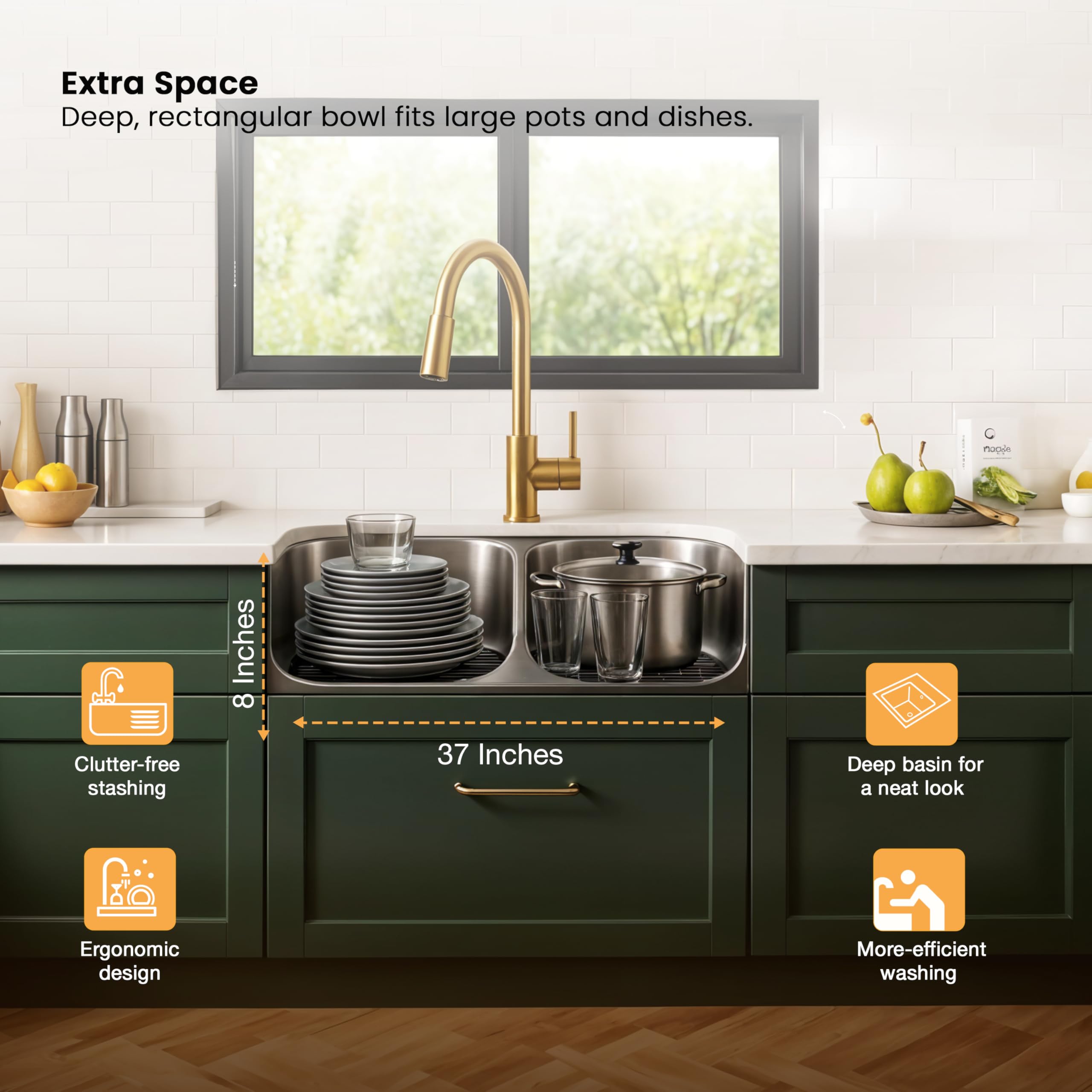 Ruhe® Square Double Bowl 37 x 18 x 8 inches Kitchen Sink | 304-Grade Stainless Steel Square Double Bowl Kitchen Sink | Glossy Finish | Included 2 Sink Coupling, Waste pipe and Double Bowl Connector 3