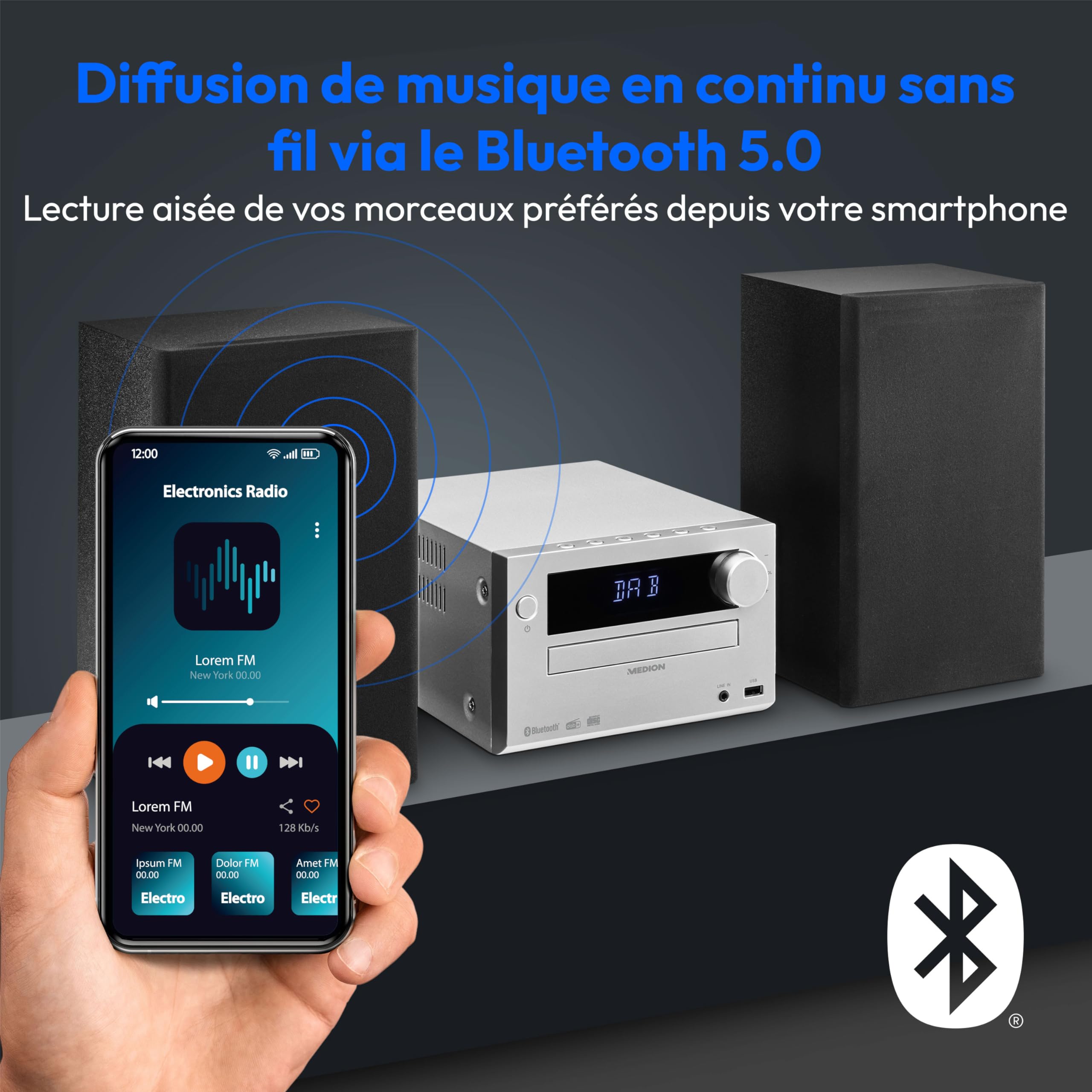 MEDION E64482 Microsystème audio compact (radio Internet, DAB+, lecteur CD, radio FM PLL, Bluetooth, lecteur MP3, AUX, prise casque, USB, minuteur de mise en veille, écran à intensité réglable) argent