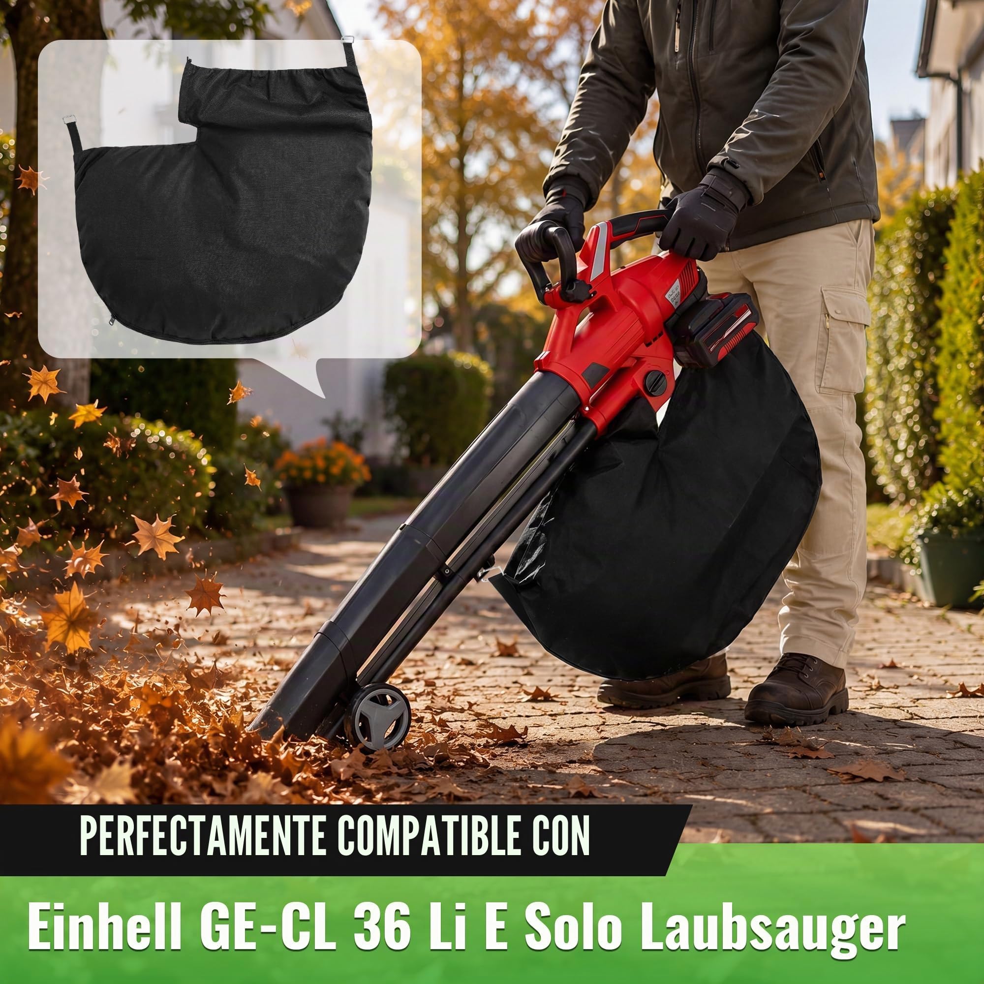 Enhon Bolsa para Aspirador de Hojas Compatible con Einhell GE-CL 36 Li E-Solo, Bolsa Recolectora con Conexión Cuadrada, Tela No Tejida con Cremallera para Residuos de Jardín, 10 Bridas