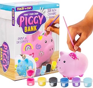 Made by Me Paint Your Own Ceramic Piggy Bank - Includes 6 Acrylic Paints, Paintbrush, Kids Ceramics, Small Coin Bank for Children, Cute Paintable Money Box