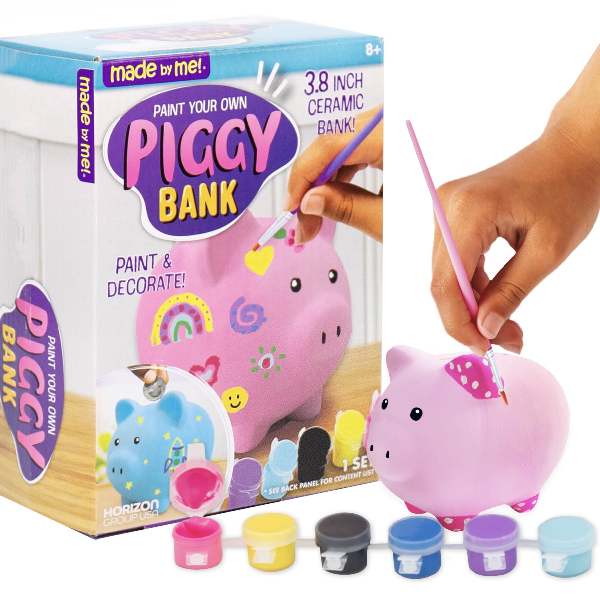 Made by Me Paint Your Own Ceramic Piggy Bank - Includes 6 Acrylic Paints, Paintbrush, Kids Ceramics, Small Coin Bank for Children, Cute Paintable Money Box