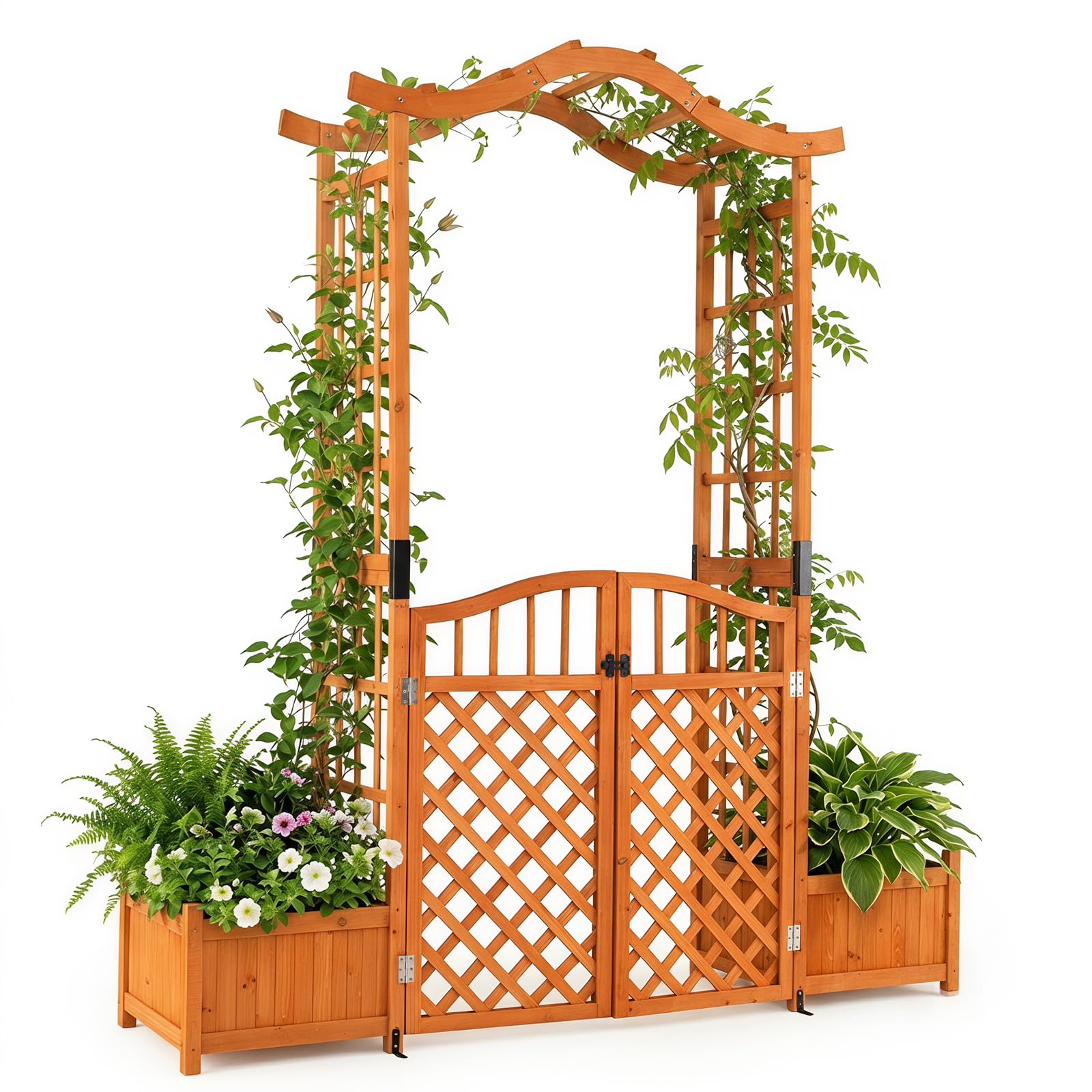 HOMASIS Arco da Giardino con Fioriera, Pergolato per Piante Rampicanti in Legno di Abete, Arco da Esterno con Cancello Chiudibile, Fori di Drenaggio e Pannello Rimovibile, 185 x 46 x 210 cm