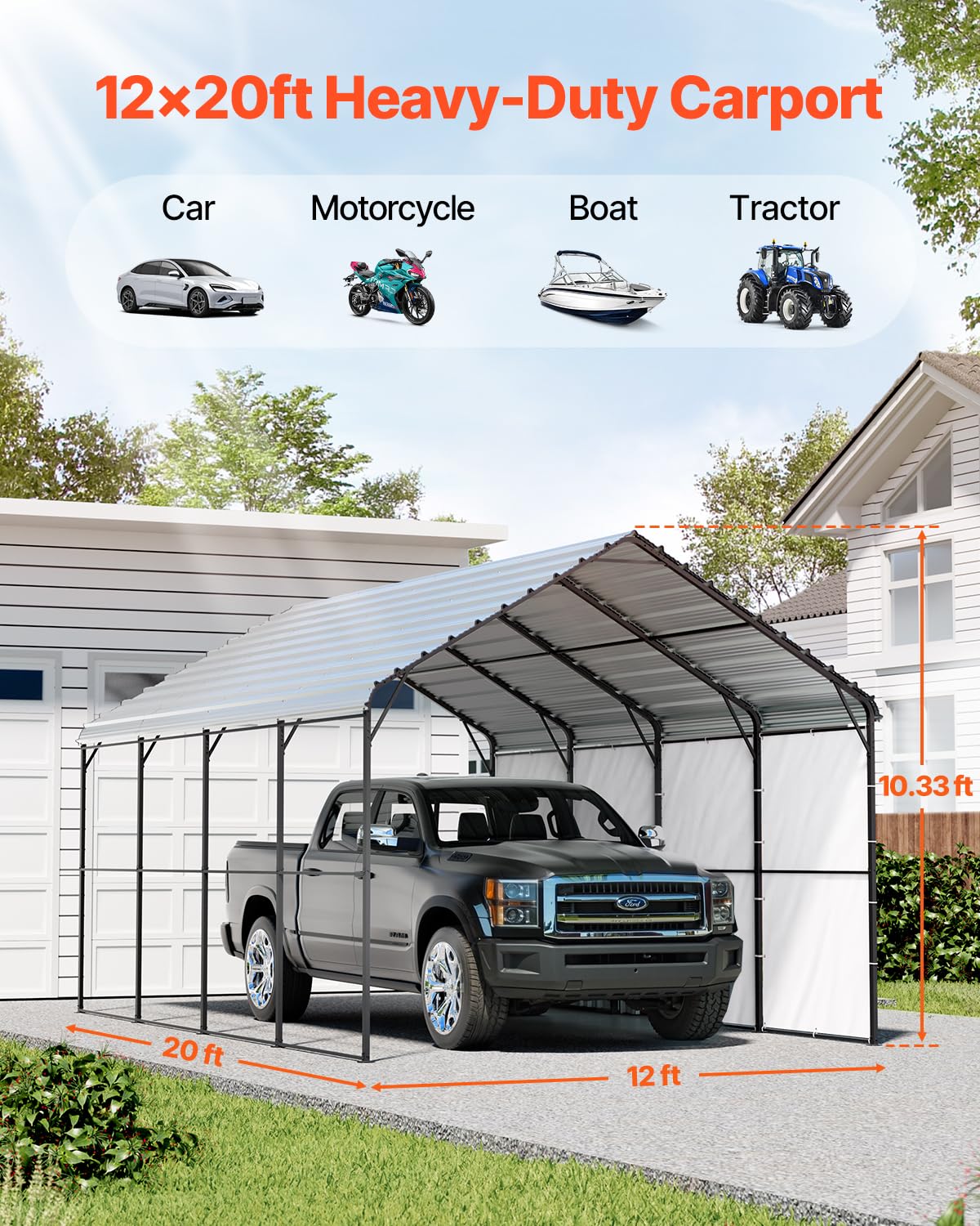 VEVOR Carport en métal pour usages graves 3,6 x 6 x 3,15 m avec structure et toit en acier galvanisé, rideau de garage parois latérales amovibles, abris de voiture multi-usages pour ramassage, bateau,
