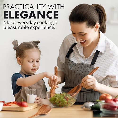 Miniatura 7 de Zulay Kitchen Juego de 7 cucharas de cocina de madera, resistentes al calor, utensilios de teca suaves con agarre cómodo, ligero y duradero, fácil