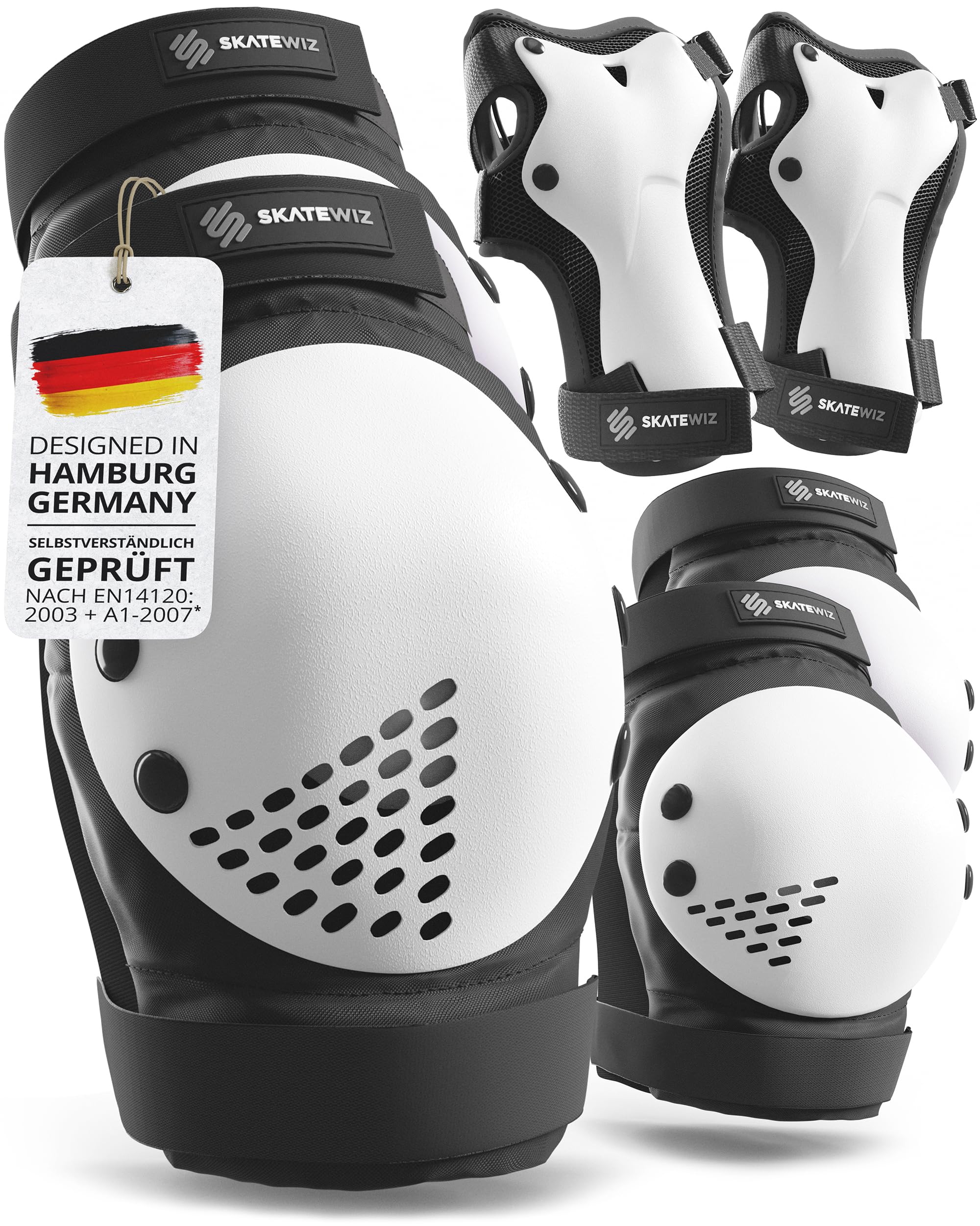 SKATEWIZ Schützer Inliner Erwachsene - Protektoren - Inliner Schoner Erwachsene - Knieschützer - Schützer Skate - Knie und Ellenbogenschützer Damen Herren - SMASH Größe L/XL Schwarz Weiß