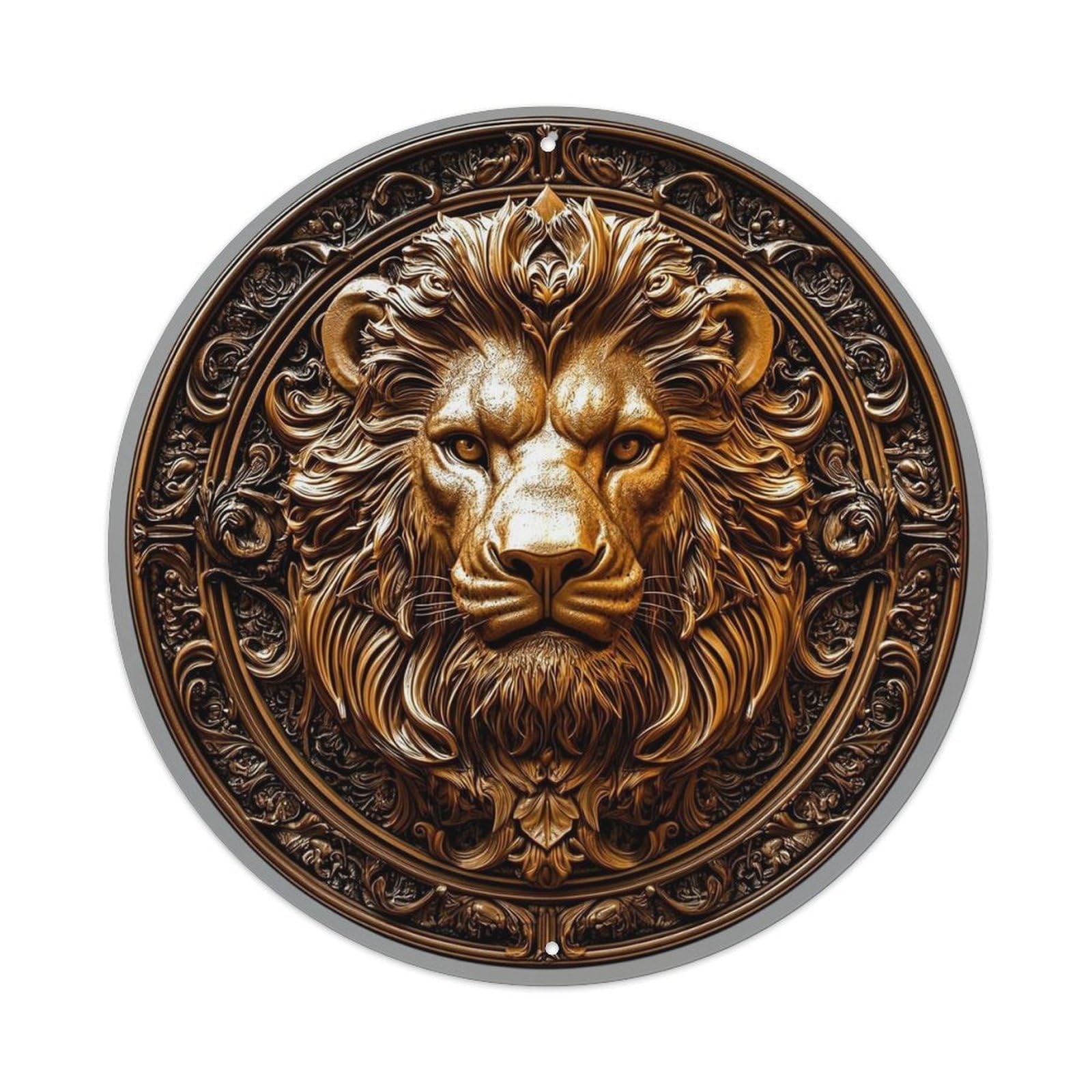 Ornate Golden Lion Head Medallion Retro Metal Tin Sign, Vintage Metal Poster for home, Gaming Room, Studio Workshop,Bar,Garage Wall Art Decor 8x8 inch