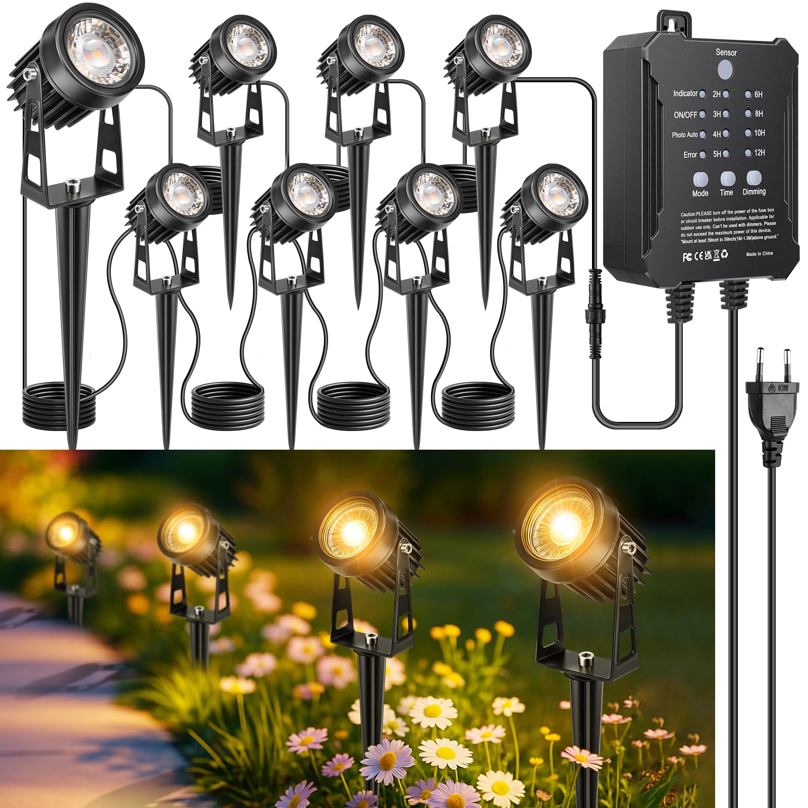 LightingWill Gartenstrahler LED Außen Wasserdicht mit Erdspieß, Gartenbeleuchtung mit Dämmerungssensor & Timer, 8er Set, 3000K Warmweiß, IP65 Gartenspots für Garten, Weg, Terrasse, Einfahrt