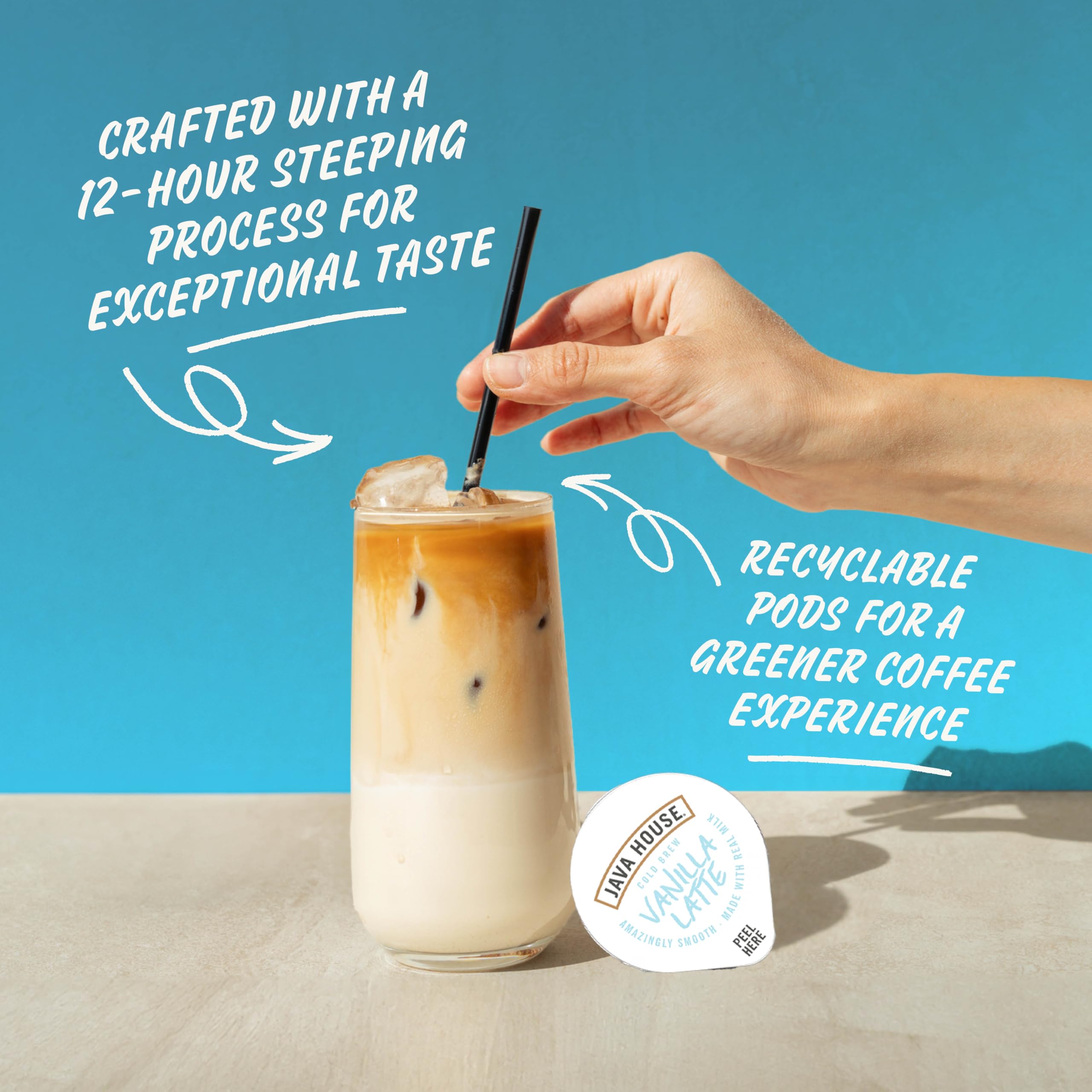 JAVA HOUSE French Vanilla Latte - Cápsulas de café frío (12 unidades) para pelar y verter cápsulas calientes o heladas