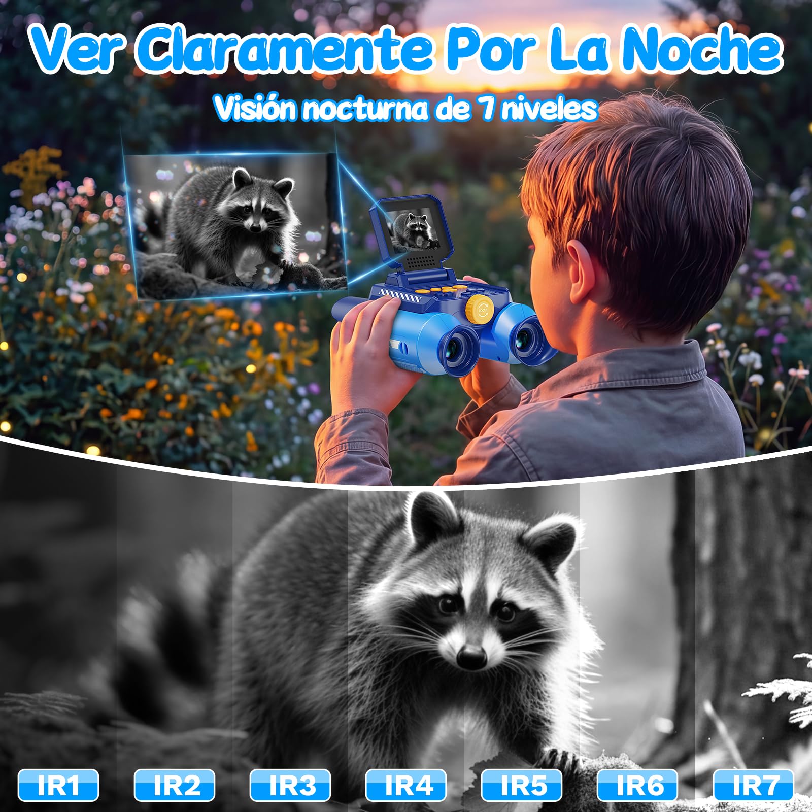 Prismaticos Niños Aventura Cámara, Prismaticos Vision Nocturna, Prismáticos de Juguete con Cámara-Fotos y Vídeos, Juegos Educativos, para Niños Acampadas, Senderismo, Exploración (Azul)