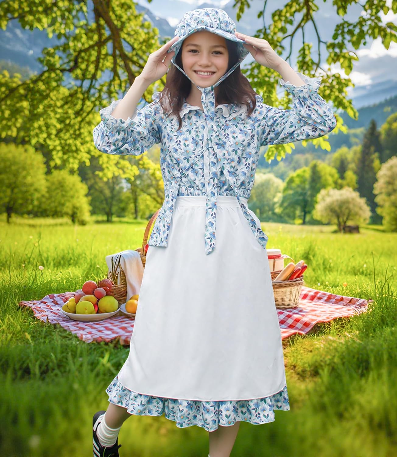 Pioneer Girls Costume Colonial Prairie Dress for Kids Pioneer Party Halloween Dress Up with Apron and Bonnet