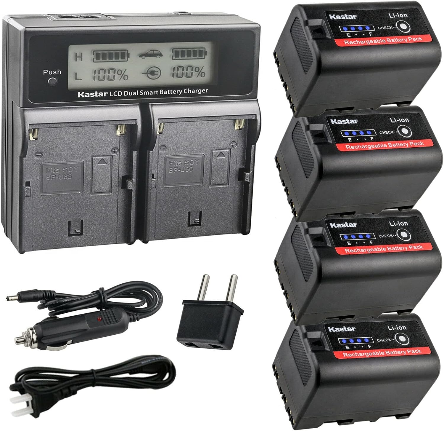 Kastar 4-Pack Battery and AC LCD Dual Fast Charger Compatible with Sony BP-U30 BP-U35 BP-U60 BP-U60T BP-U66 BP-U65 BP-U68 BP-U70 BP-U90 BP-U95 BP-U96 BP-U98 Battery, Sony BC-U1 BC-U2 BC-CU1 Charger