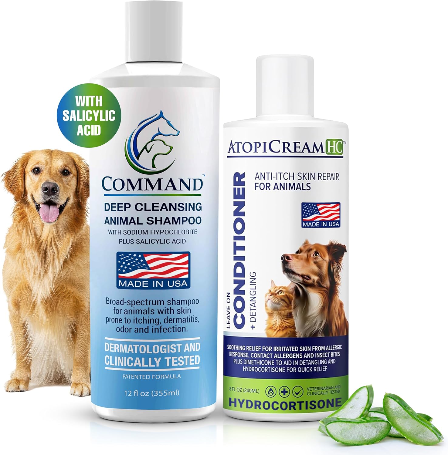 Itchy Dog Bundle, 12 oz Command Medicated Pet Shampoo + 8 oz AtopiCream HC 1% Hydrocortisone Conditioner, Relief for Dogs with Allergies and Dry Skin