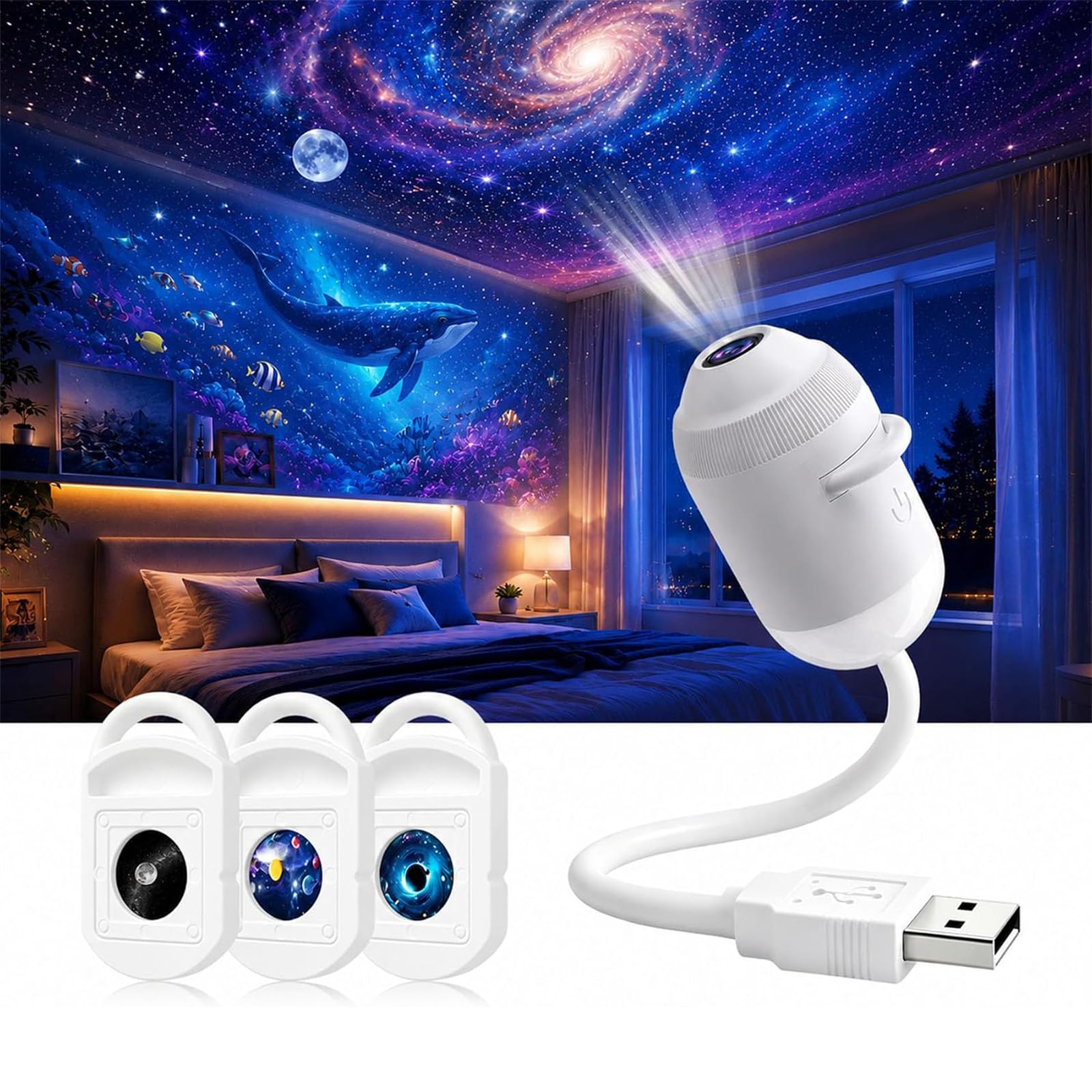 Pealeaf 5D Holographic Galaxy Projector, Plug and Play Ocean and Star Projector Night Light for Bedroom Ceiling, Dynamic Ambient Lamp for Kids, Teens and Adults (3 Films) — image 1