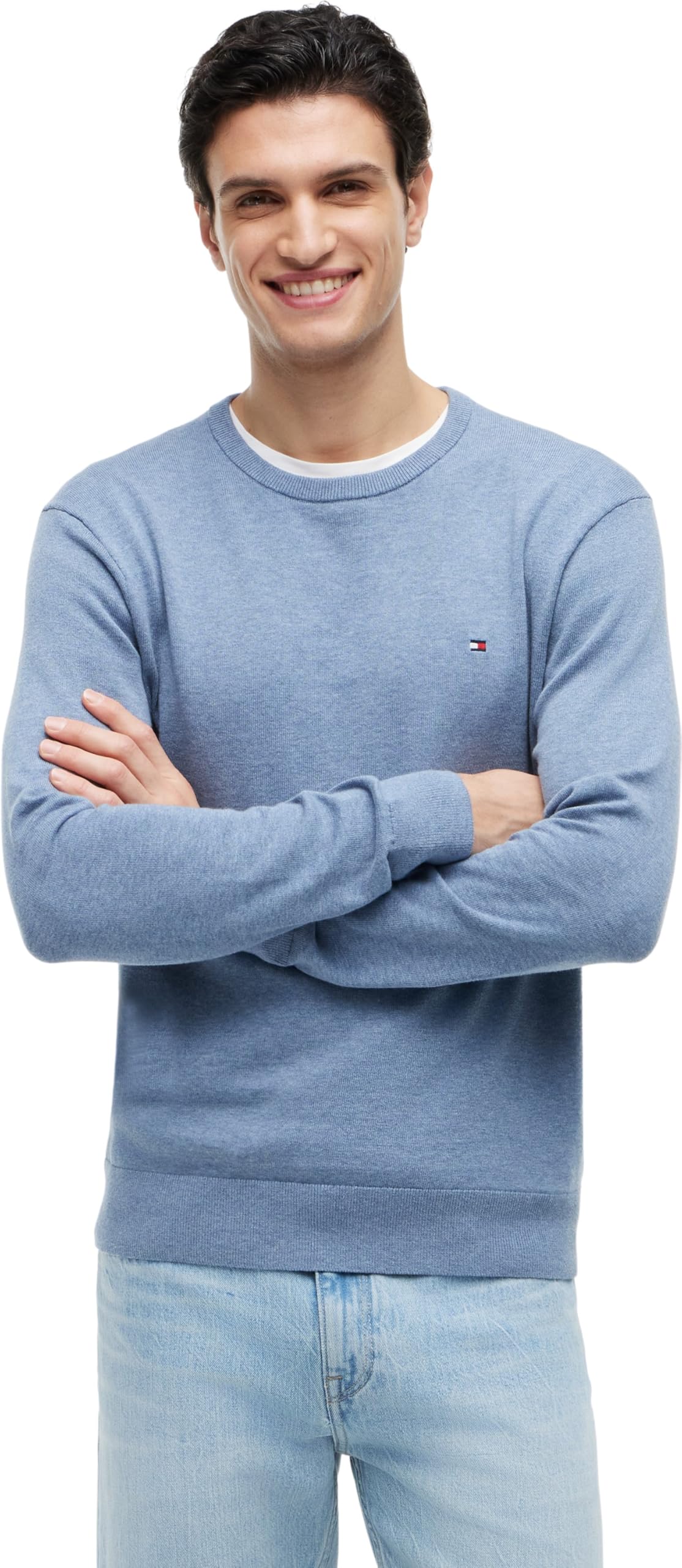 Tommy Hilfiger Men's Essential Ssnl Cotton Crew Neck Mw0Mw39999 Pullover Sweater, Blue (Brisk Blue Heather), L