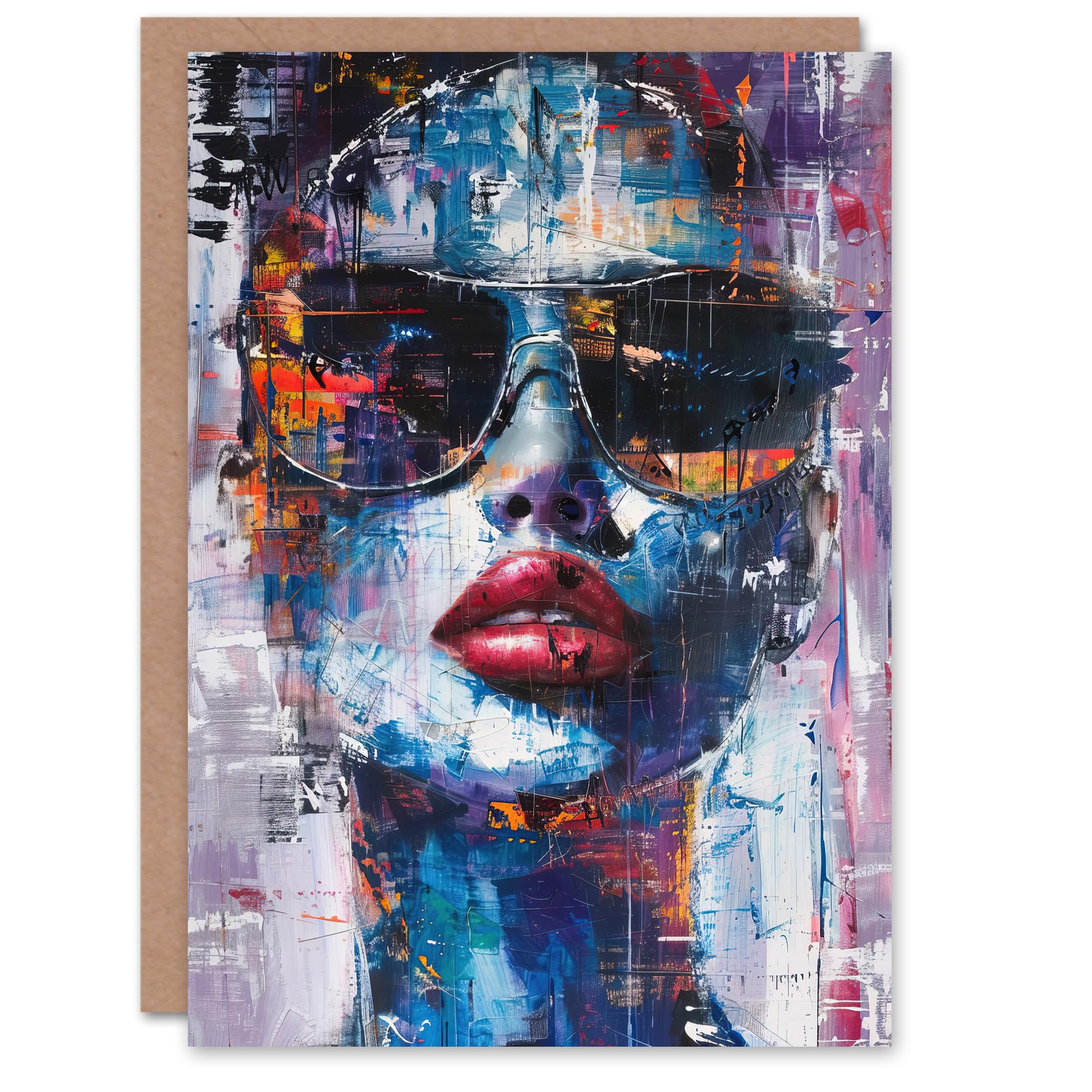 Artery8 Greeting Card - Woman Sunglasses Beauty Portrait Oil Painting - Blue