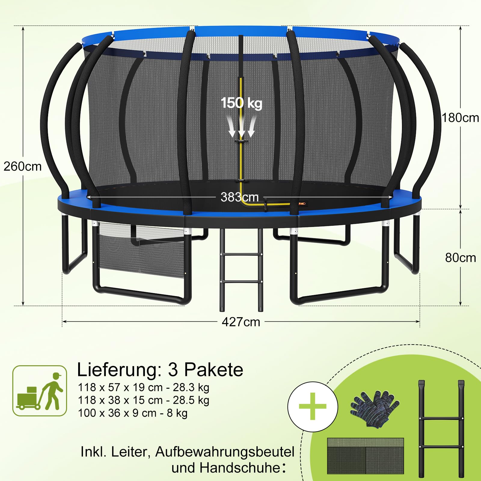 Devoko Outdoor Trampolin mit Basketballkorb & Sicherheitsnetz - 150 kg Maximalgewicht - Ø 228/305/366/427 cm - Robuster Garten-Trampolinspaß für Kinder und Erwachsene
