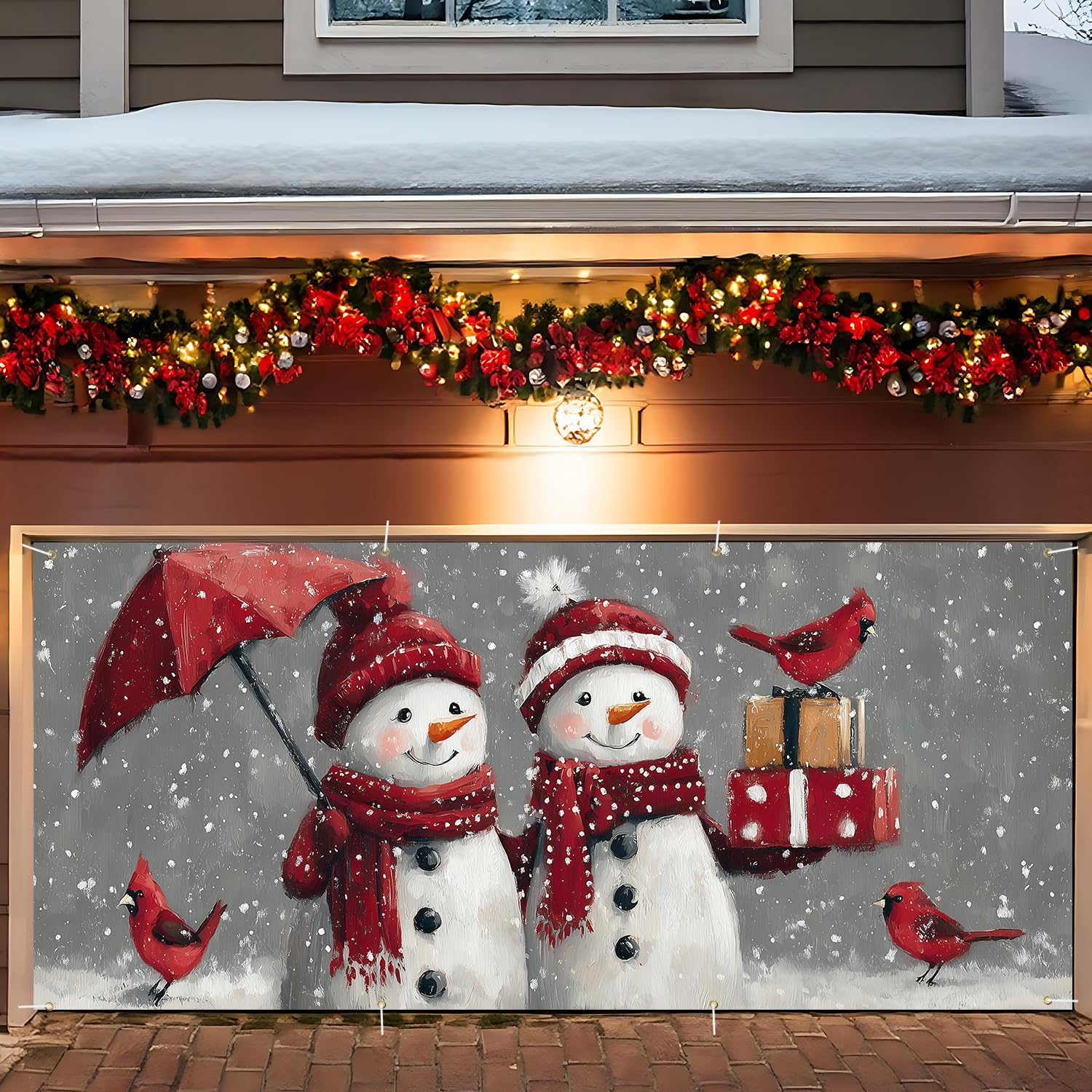 ANNA QUEEN Christmas Garage Door Banner 6×13 FT, Cartoon Snowman & Cardinal Gift Scene, Fun Holiday Outdoor Garage Decoration for Parties Home Decor