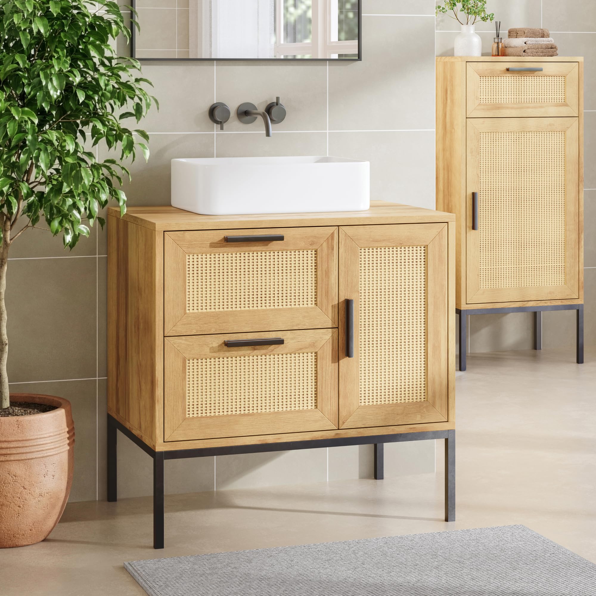 [en.casa] Meuble sous Lavabo avec 1 Porte et 2 Tiroirs avec Façade Effet Rotin Décoratif Structure Stable Métal Panneau de Particules Salle de Bain Toilette Buanderie 60 x 60 x 40 cm Effet Chêne Noir