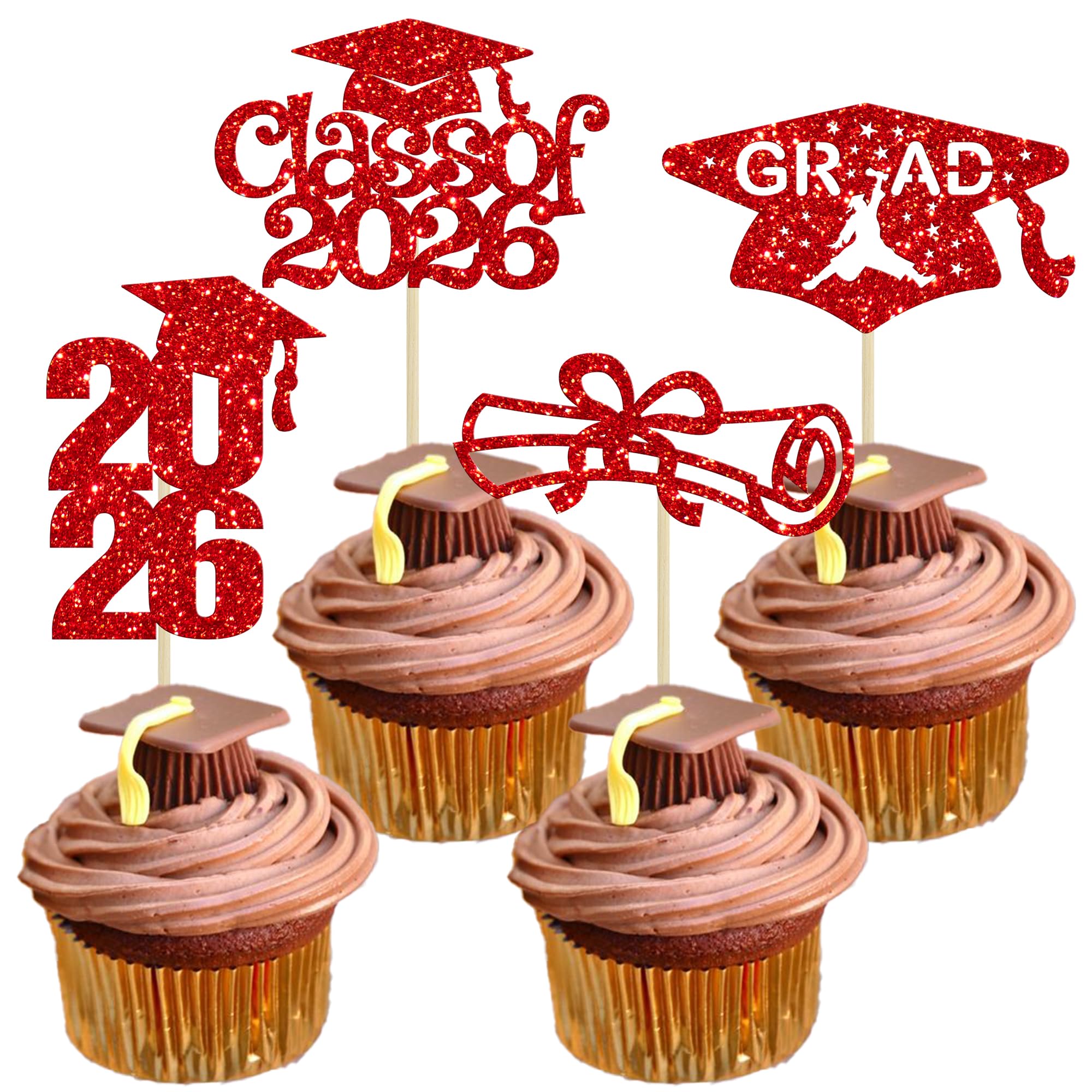 Ephlyn 24Pcs 2026 Graduation Cupcake Toppers Glitter Class of 2026 Diploma Grad Cap Cupcake Picks 2026 Graduation Theme Party Cake Decorations Supplies Red