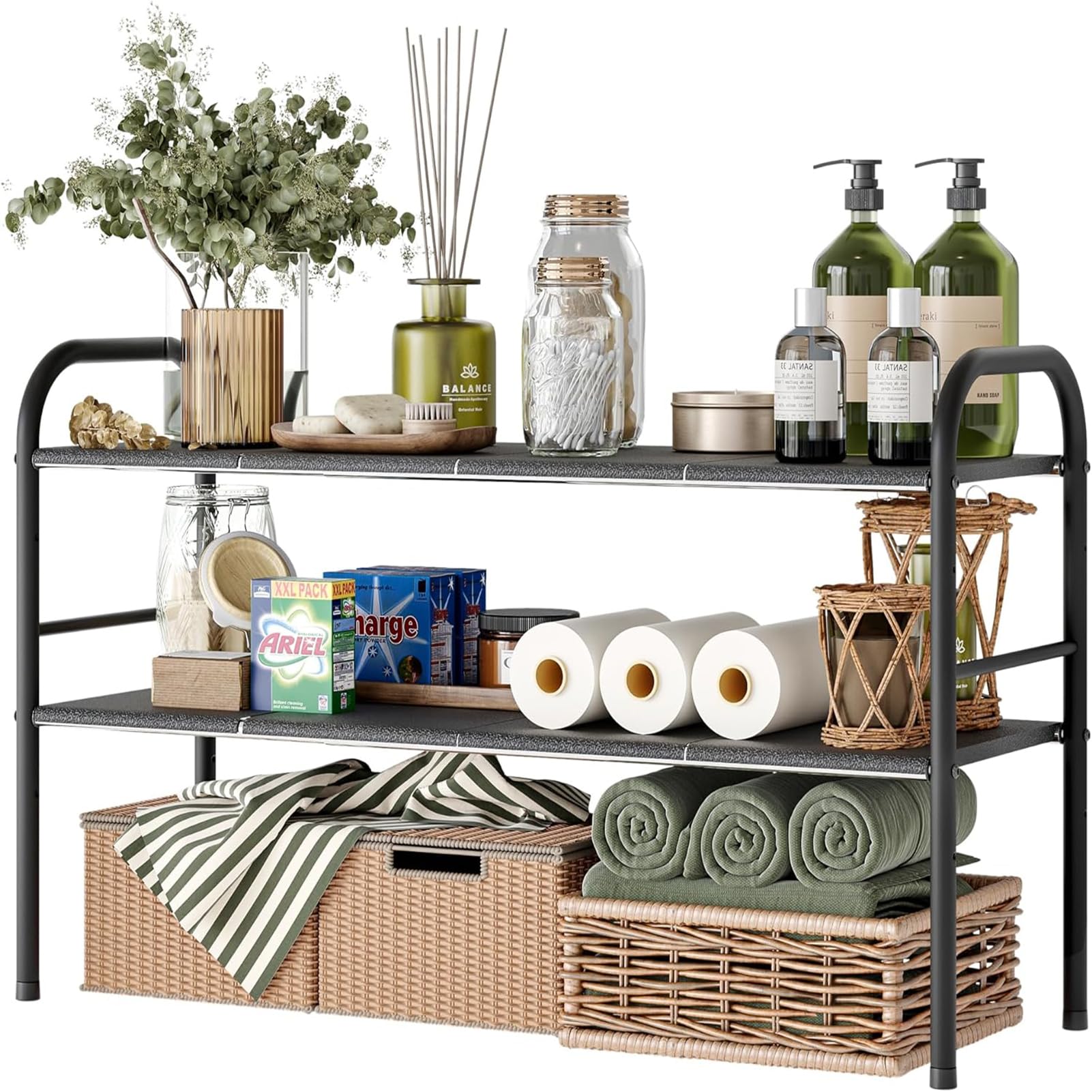 ANTOLE Under Sink Organizers,2 Tier Expandable Cabinet Shelf Organizer Rack with Removable Panels for Under Kitchen Bathroom Storage,Multi-Use Sink Shelf Storage Rack for Countertop Cabinet (Black)