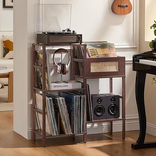 Vista 13 de LELELINKY Soporte para Tocadiscos, Soporte para Discos de Madera Marrón Vintage con Almacenamiento de Vinilo con Capacidad para hasta 300+ Álbumes