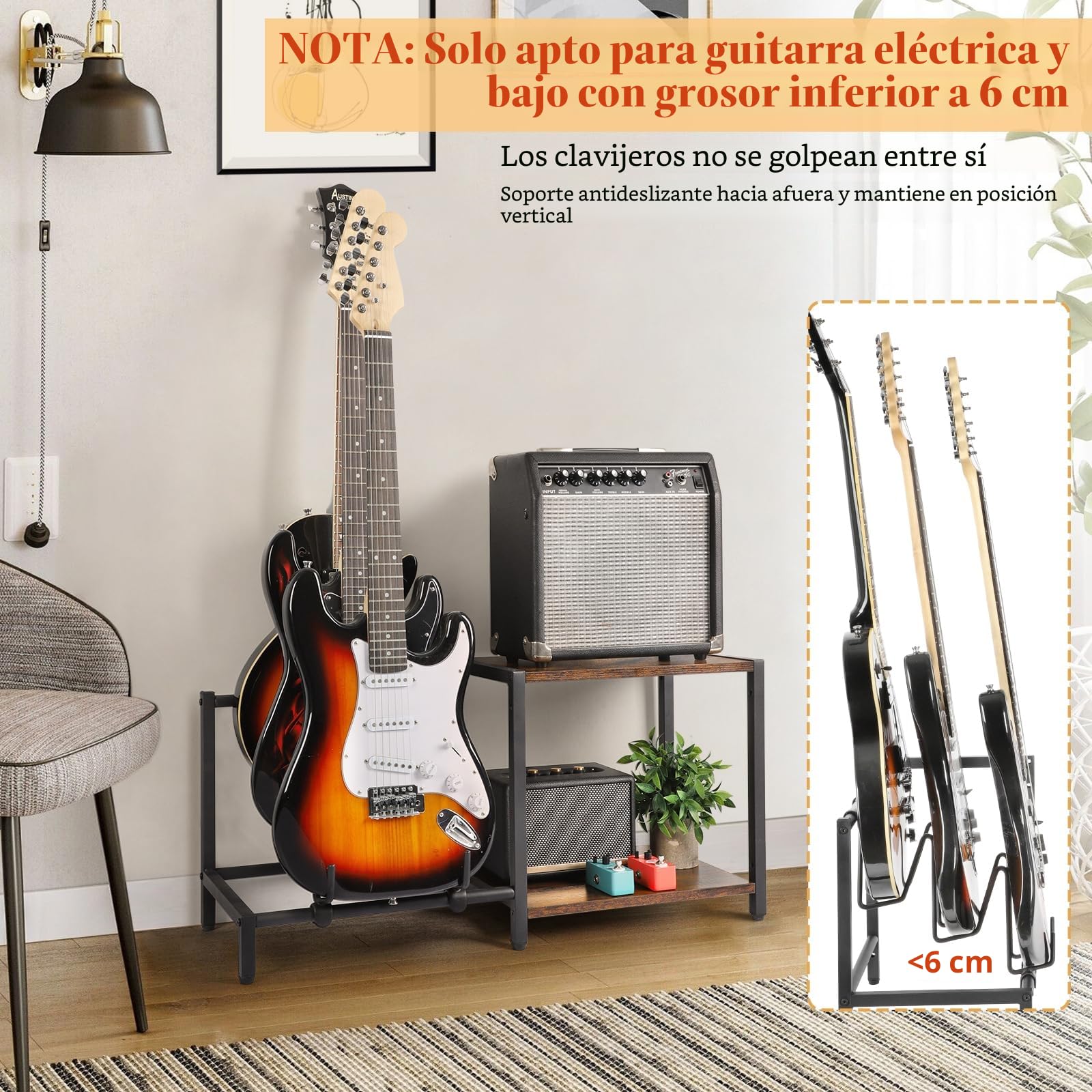 Soporte de Guitarra,Guitarra Bajo Eléctrico de 3 Soportes con Soporte de Amplificador de Guitarra, Soporte de Guitarra Ajustable, Estante de Guitarra para Múltiples Guitarras y Accesorios de Guitarra