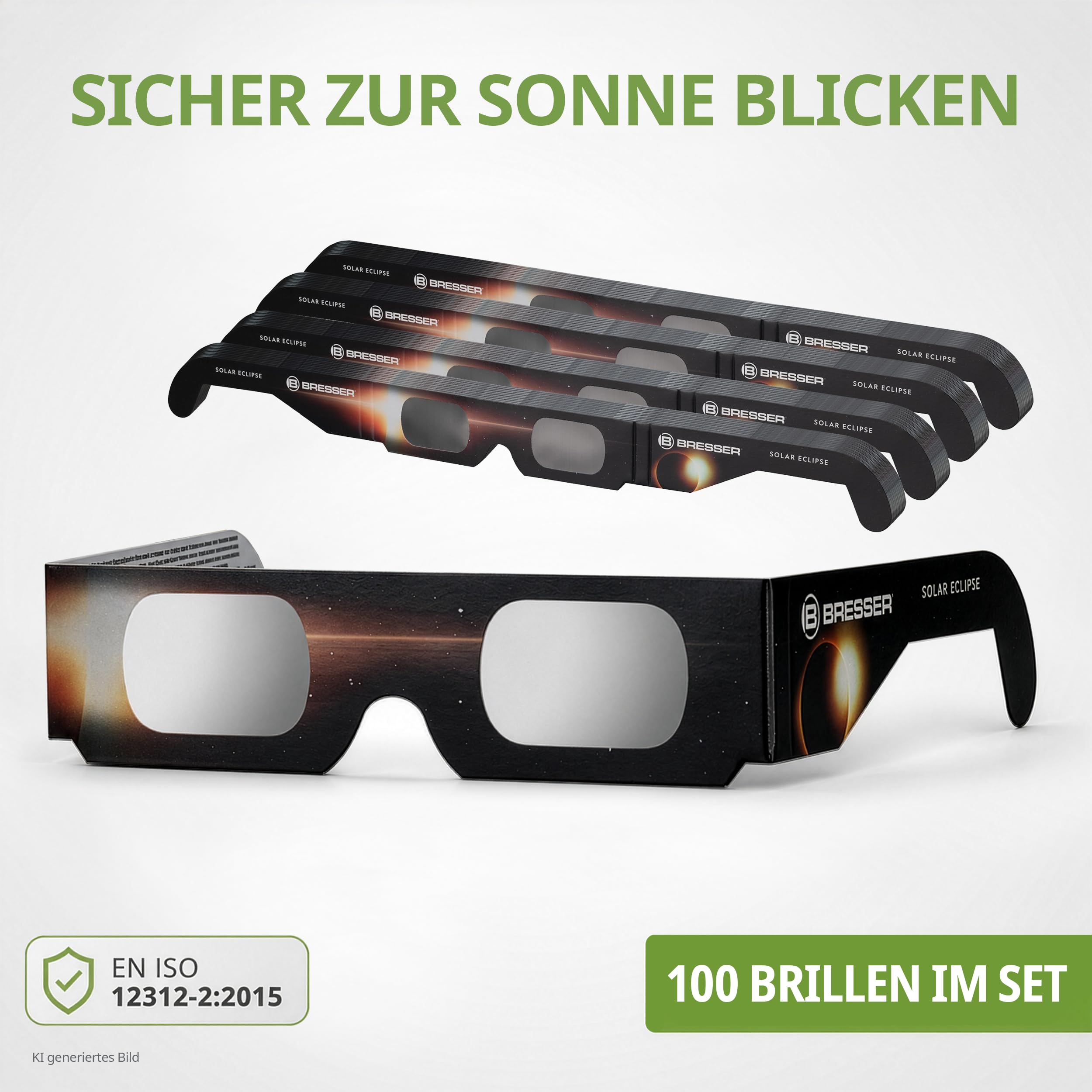 Bresser Sonnenfinsternis Brille CE-zertifiziert ISO 12312-2 100 Stück | Absolut sicher, bereit für die Sonnenfinsternis 2026, 2027, 2028, hellgelbes Sonnenbild, UV und IR Schutz, Made in USA