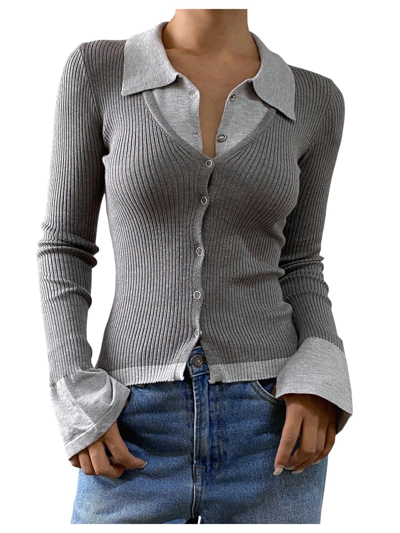Womens 2 in 1 Pullover Sweaters Long Sleeve Button Down Cardigan Fitted Ribbed Knit Tops