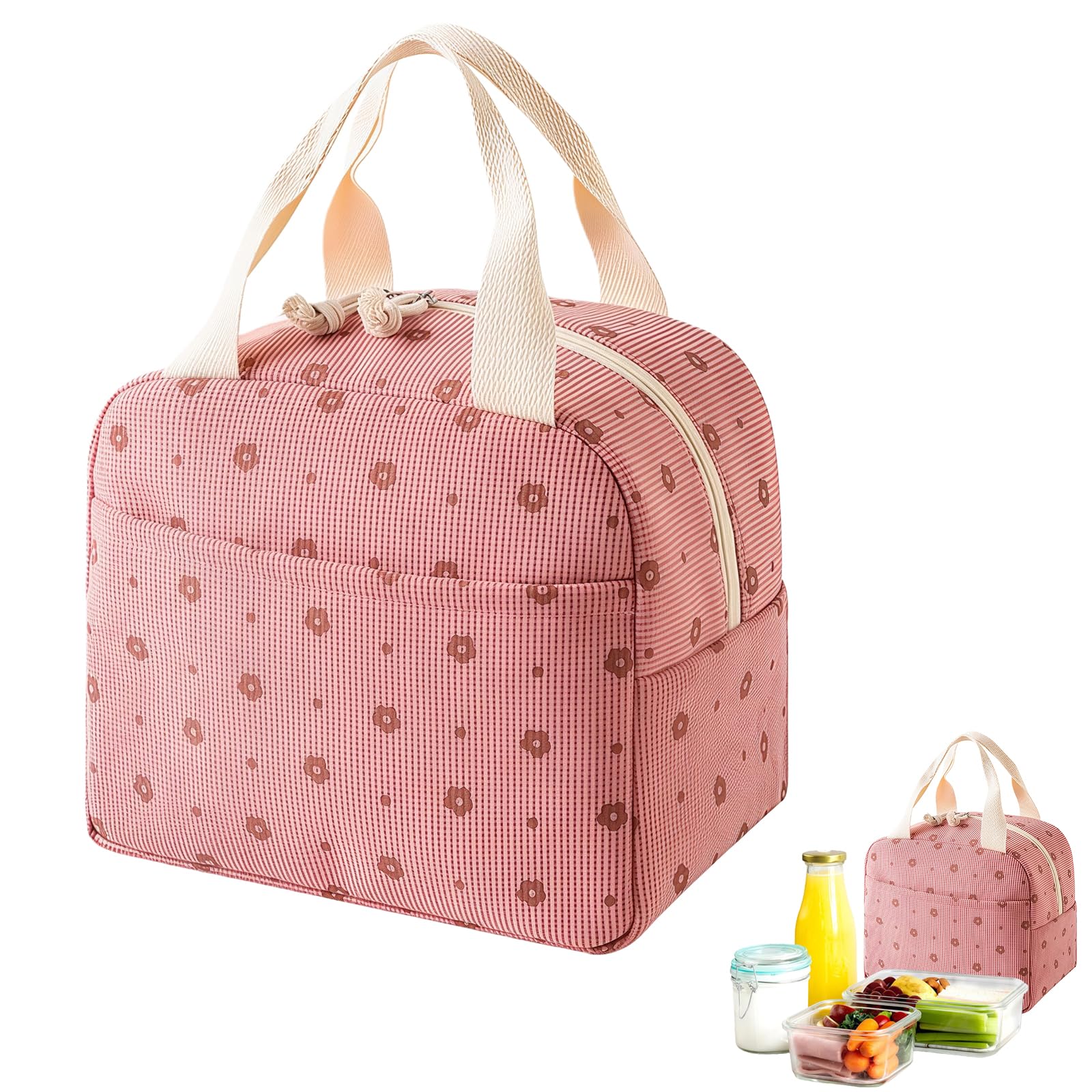 Lunch Bags for Women Men,Pink Floral Large Capacity Corduroy Insulated Lunch Bag for Girls Women,Leak Proof Cooler Bag with Handle for Kids Girls Boys Adults Work School Picnic Travel Beach Lunchboxes