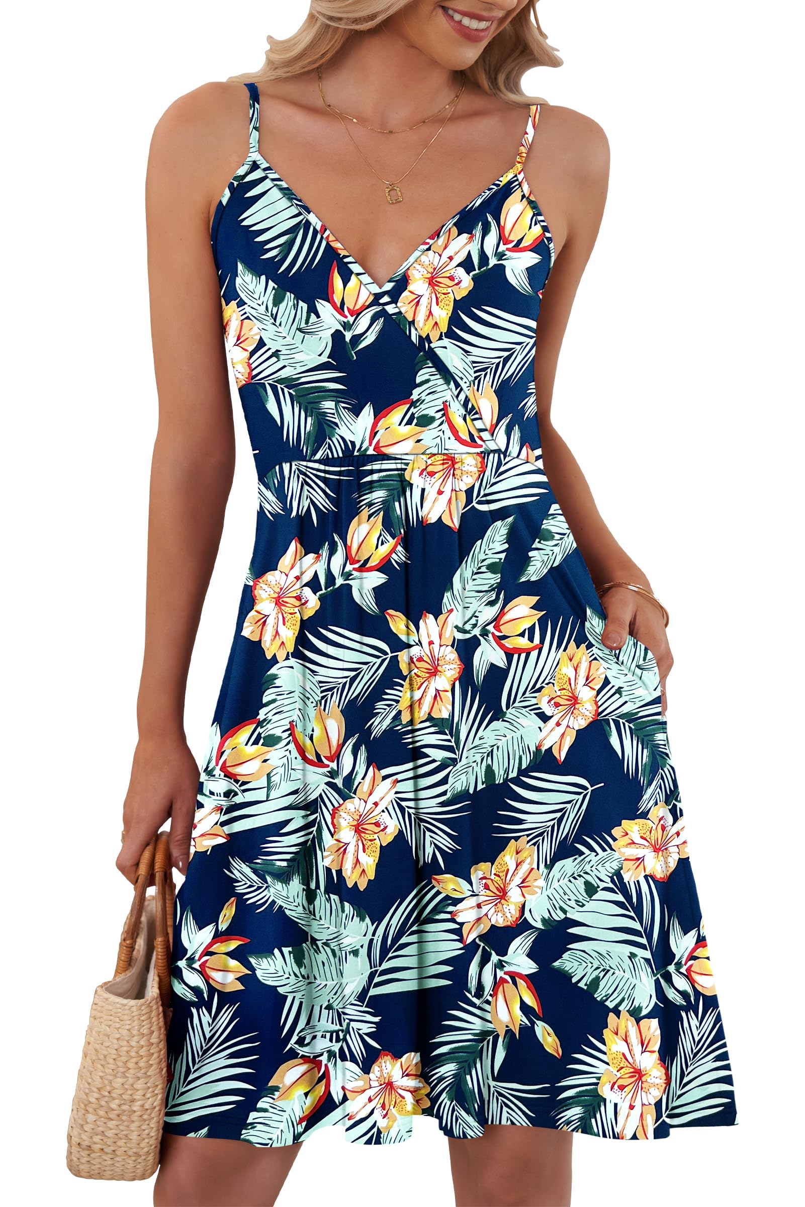 AUSELILY Summer Dress for Women UK V Neck Spaghetti Strap Casual Dress Beach with Pockets Tropical White 2XL