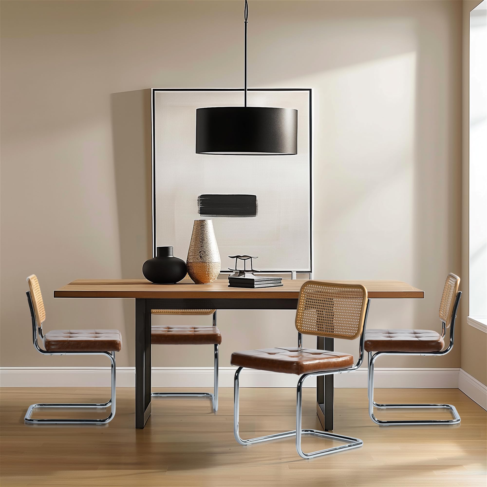 EGGREE 4er-Pack Rattan-Esszimmerstühle mit PU-Kissen und Galvanisierten Eisenbeinen für Konferenzräume, Büros, Esszimmer, R04-Braun