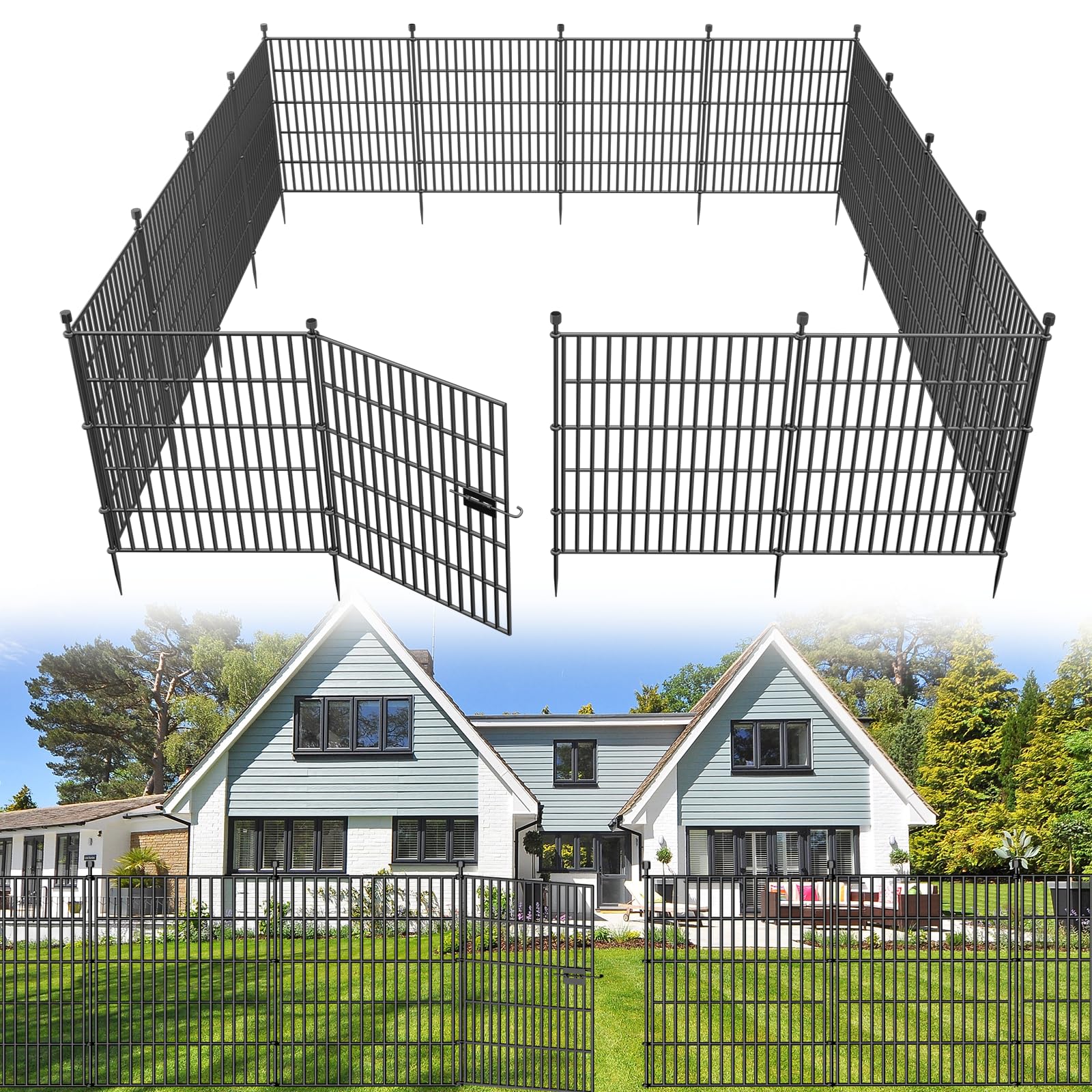 Photo 1 of 15 Panels No Dig Decorative Outdoor Garden Fence with Gate for Yard, 32 in(H) X 35.4 ft(L) Animal Barrier Fencing Rustproof Metal Wire Panel Border for Dog, Rabbits, and Patio Temporary Ground Stakes