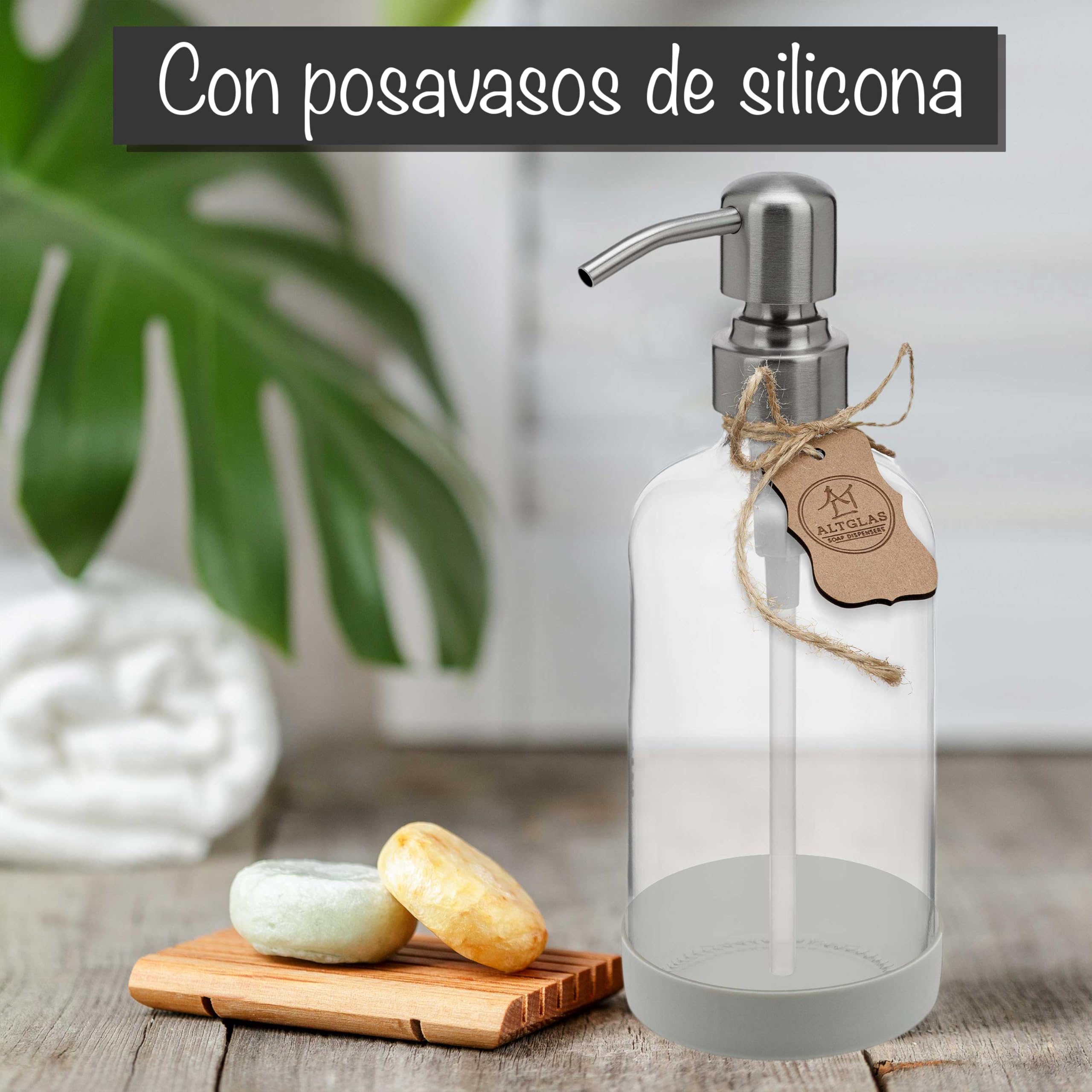 ALTGLAS Dispensador de Jabón 'Sarajevo' - Doble Dispensador de Ducha Hecho de Botella de Vidrio Transparente con Posavasos de Silicona y Cabezal de Bomba en Plata Cepillada (2 Piezas a 500 ml)