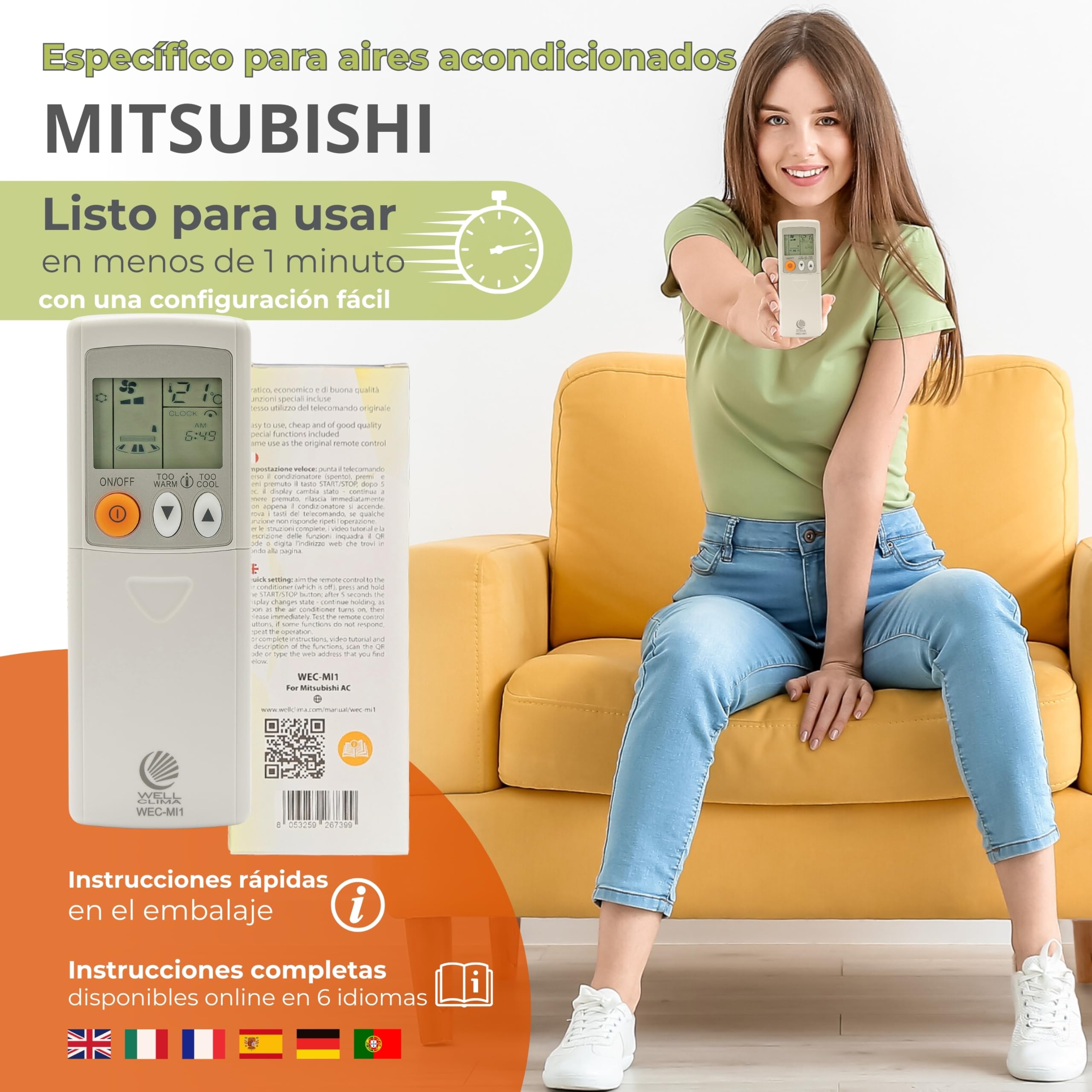 Wellclima Control Remoto Universal WEC-MI1 para Aire Acondicionado Mitsubishi, Listo para Usar en Segundos, Compatible con Bomba de Calor e inversor, compatibilidad Garantizada