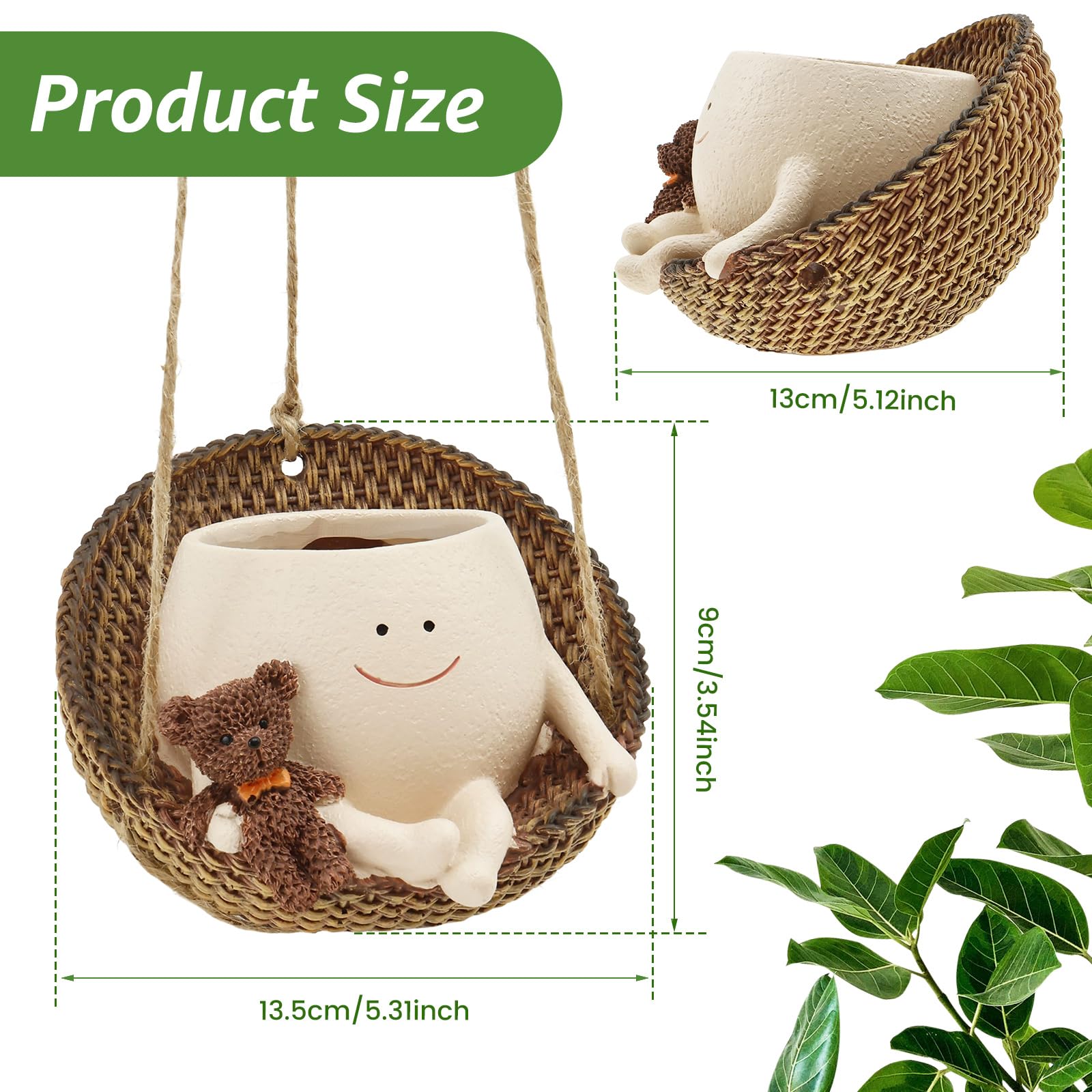 Pot de fleurs décoratif à suspendre en forme de visage de balançoire, joli pot portable avec trou de drainage pour intérieur et extérieur (suspendu)