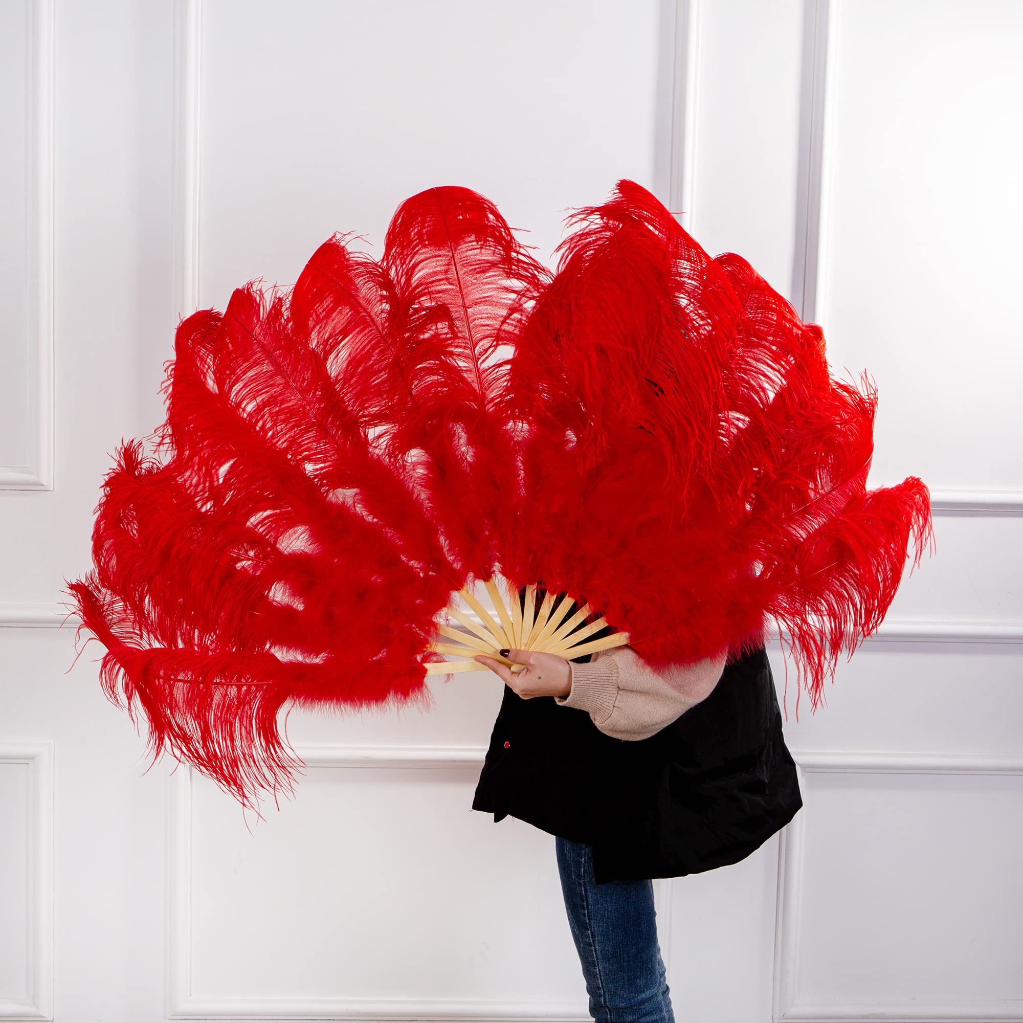 Éventails En Plumes D'Autruche - Lot De 2 - 90 Cm (dépliés) - Rouge - Pour Danse, Déguisement, Décoration Fête, Mariage - 10