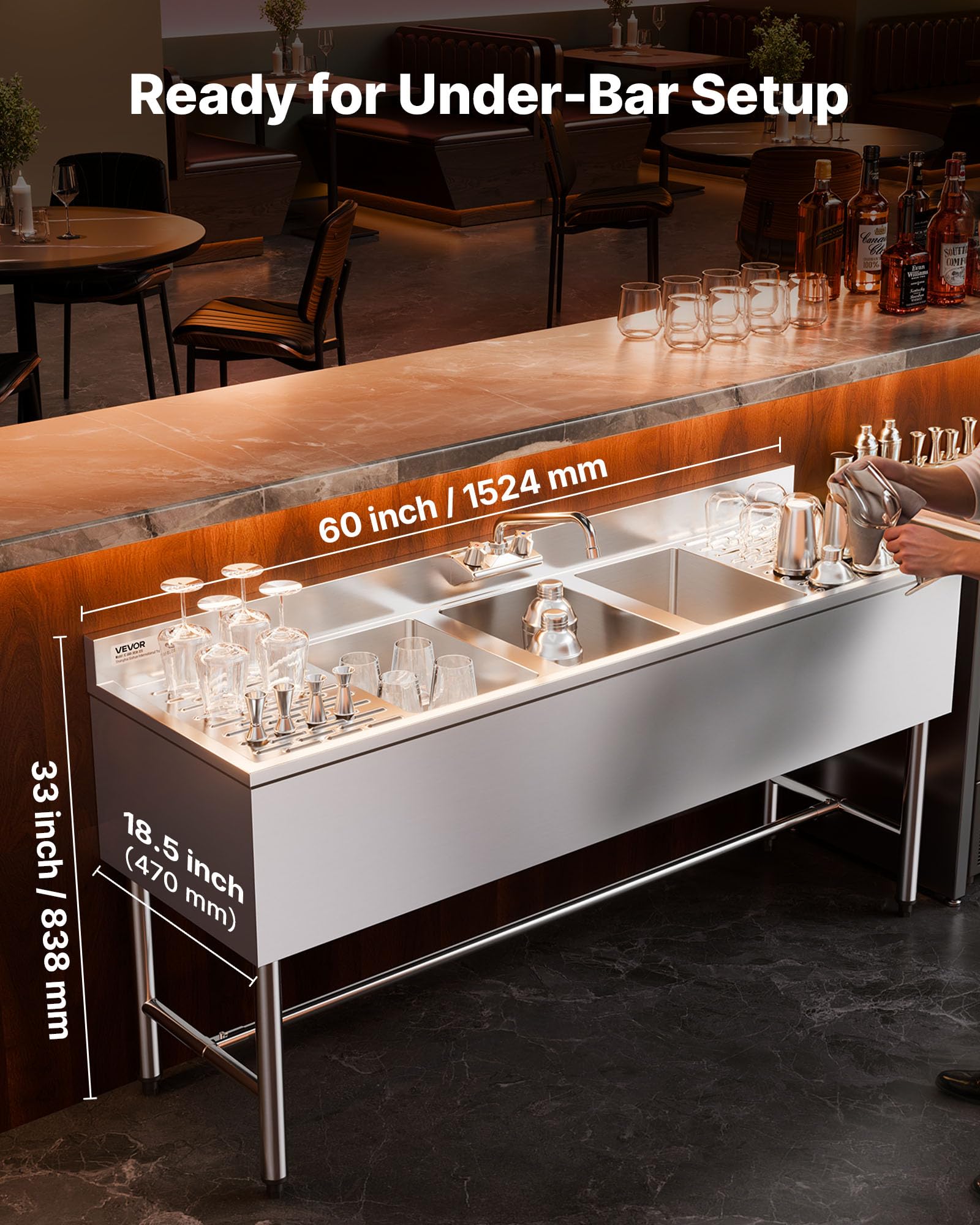 VEVOR Lavello a 3 Scomparti Rettangolare in Acciaio Inox Lavello da Cucina a 3 Vasche con 2 Scolapiatti Paraschizzi Rubinetto Freddo e Caldo, Dimensioni di Vasca 254 x 356 x 254 mm, per Ristorante Bar