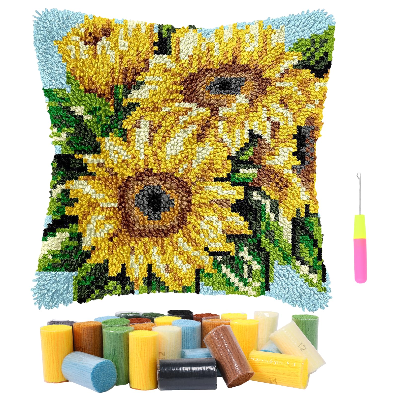 Latch Hook Cushion Kit 17x17Inch Cute Animal Pattern Pillow Cover Pre-Printed DIY Embroidery Rug Kit with Yarn&Tools Handmade Cross-Stitch Set for Adults Kids Beginners Home Decoration (Sunflower)