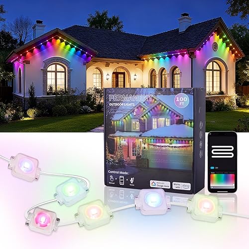 Permanent Outdoor Lights,100ft Smart Rainbow Eave Holiday Light IP67 Waterproof 