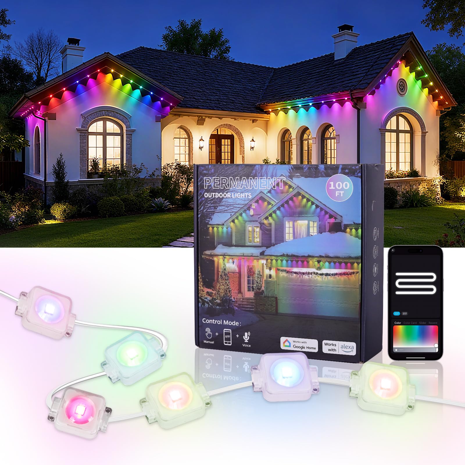 Photo 1 of **MISSING AC power adapter*** Permanent Outdoor Lights,100ft Smart Rainbow Eave Holiday Light IP67 Waterproof with 60 LED Lights for Christmas Halloween House Decorations, Compatible with Alexa, Google Assistant