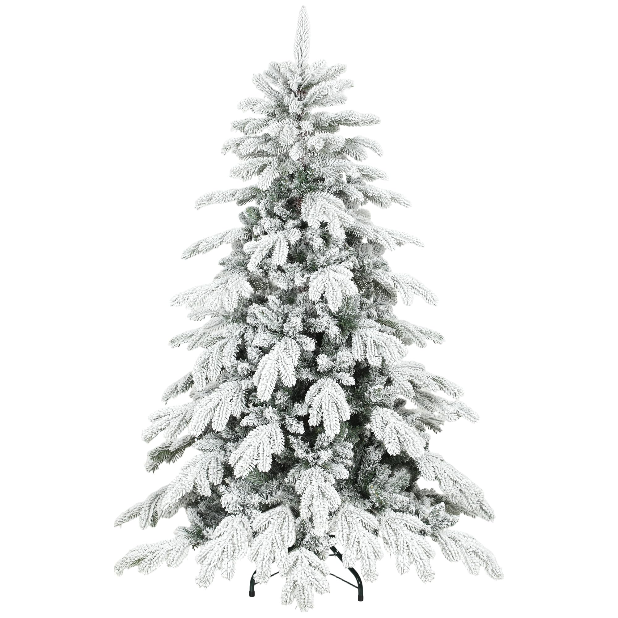 Homcom Green 5Ft Artificial Christmas Tree, Snow Flocked Christmas Tree With Realistic Dense Branches, Hinged Design, Metal Stand, Wide Shape, Easy Assembly, Xmas Home Decoration, White
