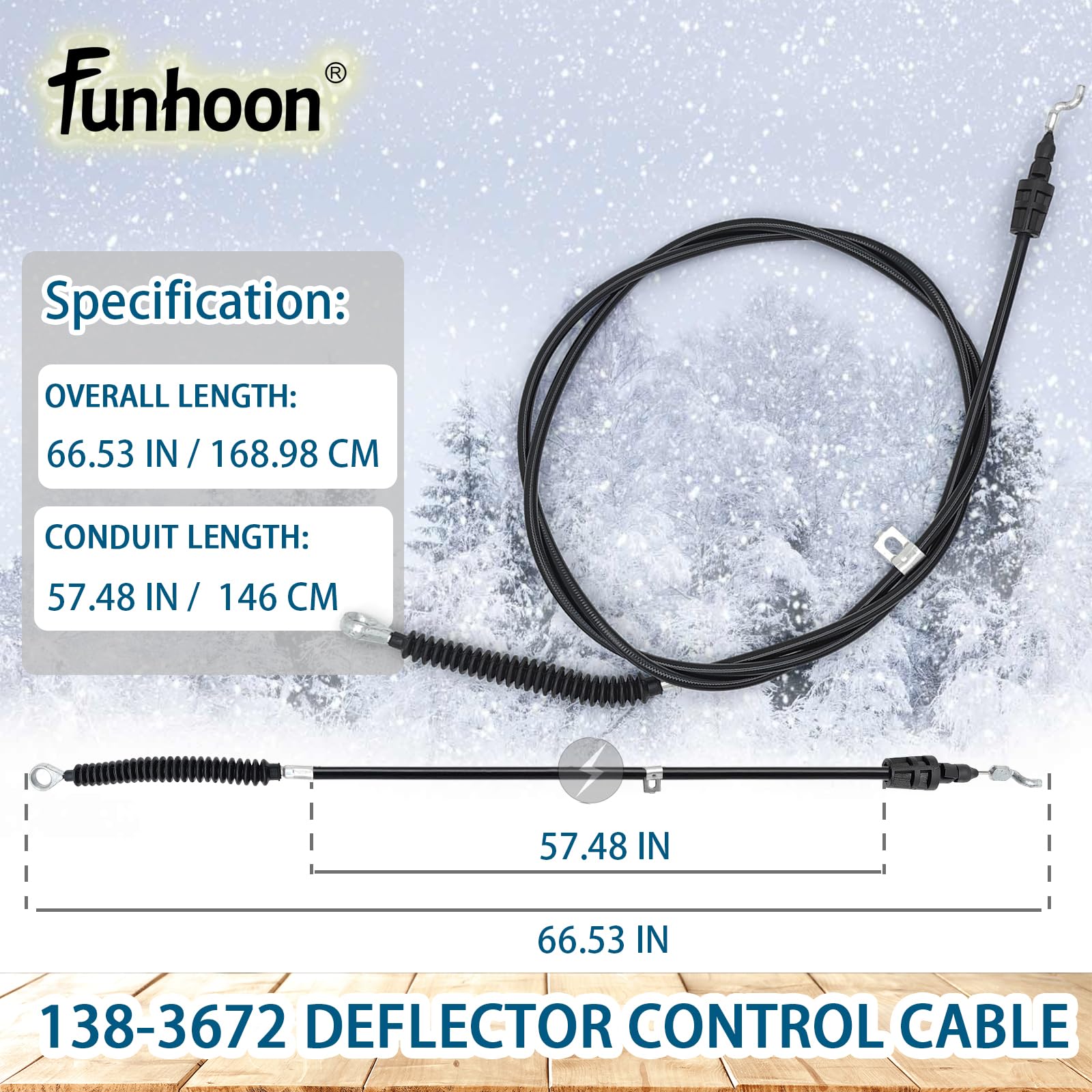 A close-up view of the Funhoon 138-3672 Deflector Control Cable, highlighting its robust construction.