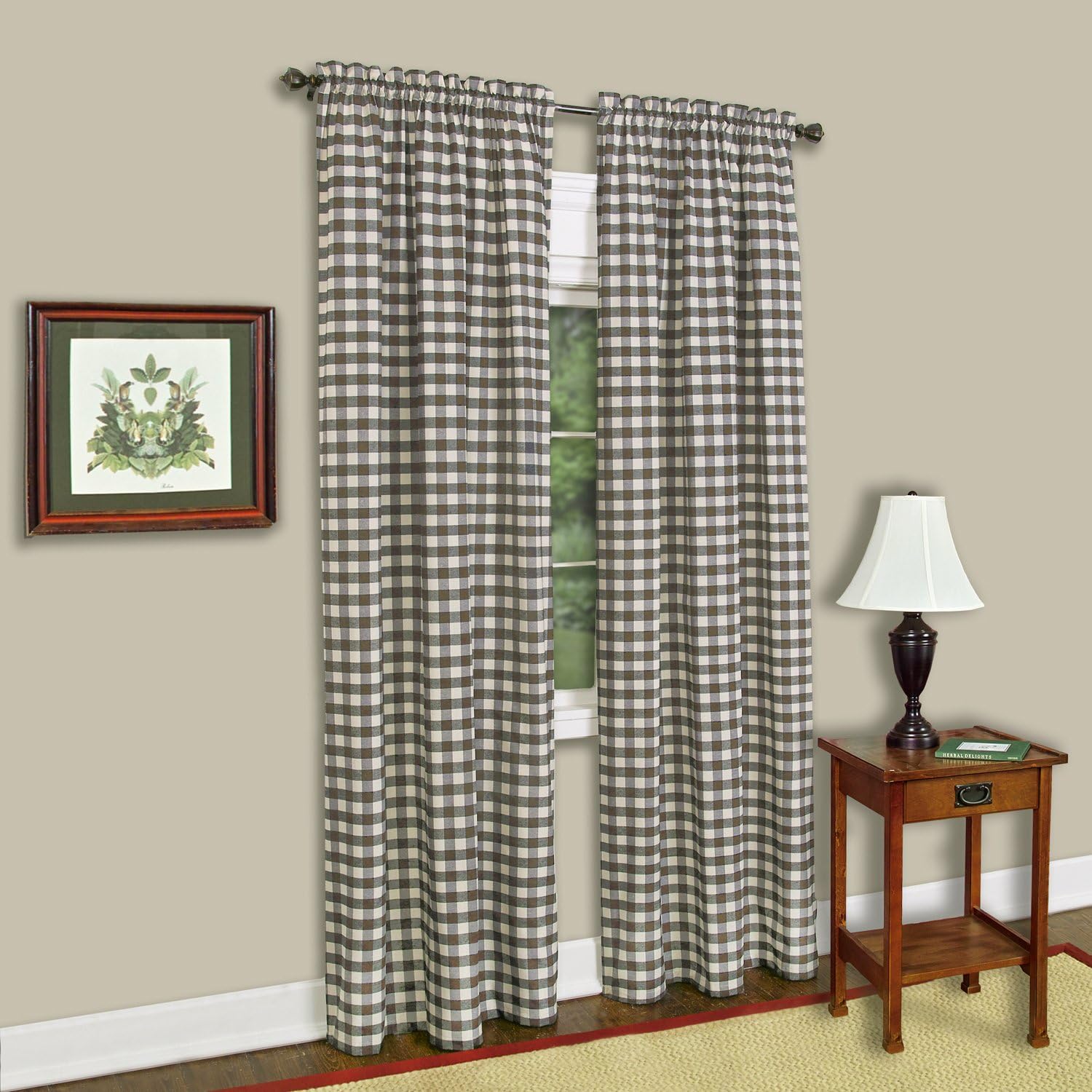 Buffalo Check Panel Window Curtain - 42 Inch Width, 84 Inch Length - Taupe & Ivory Plaid - Light Filtering Farmhouse Country Drapes for Bedroom Living & Dining Room Home Decor